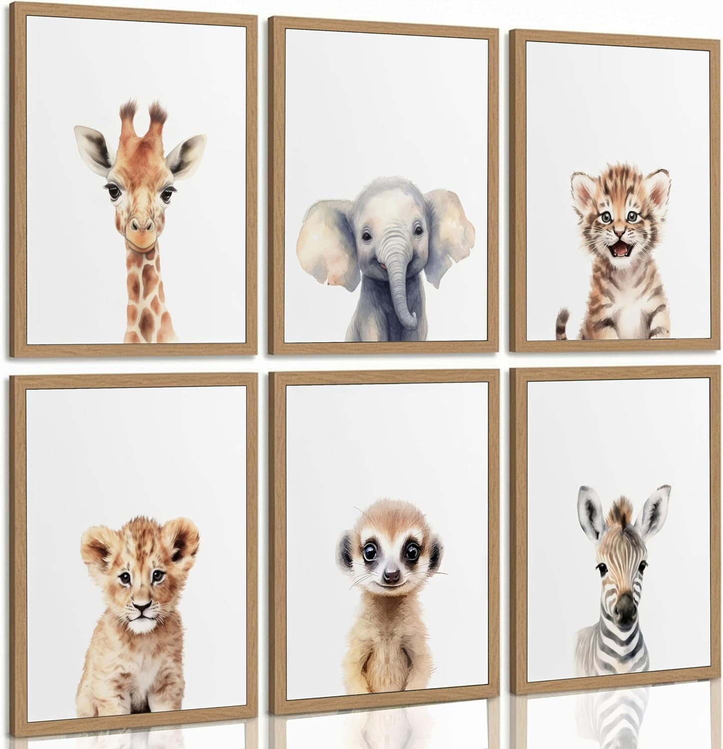6Pcs Safari Animal Nursery Canvas Wall Art Cute Elephant Giraffe Leopard Zebra D
