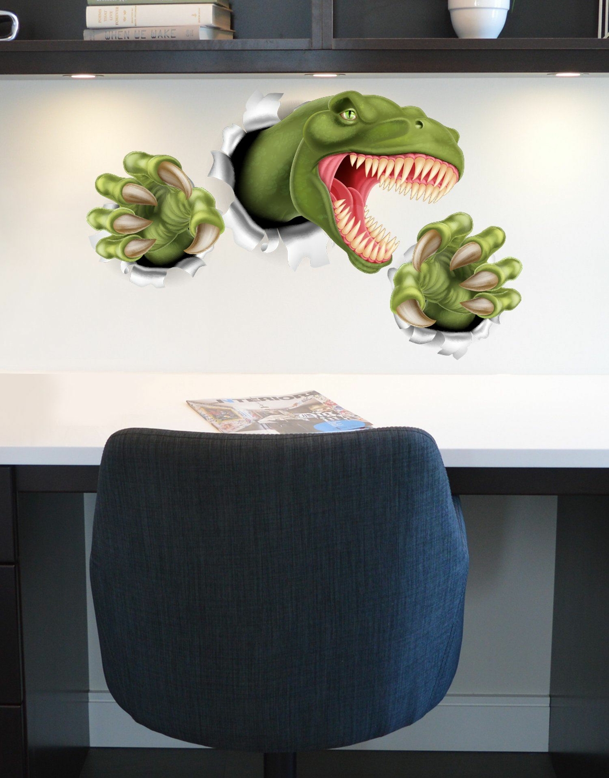 T-Rex Dinosaur Jumping out of wall. 3D Graphic Wall Decal Sticker. Peel and Stic