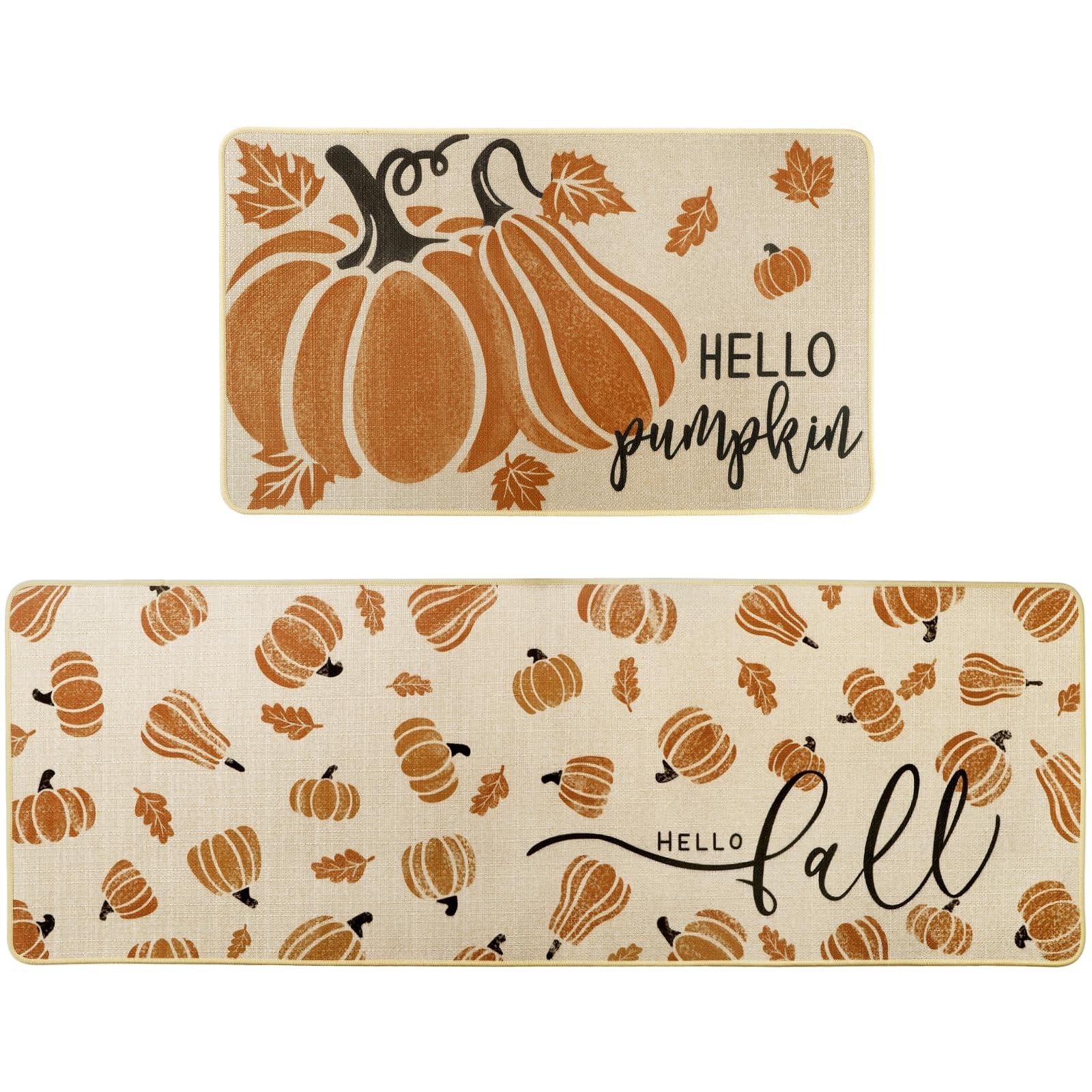 Hello Pumpkin Autumn Kitchen Rugs Set of 2,Hello Fall Leaves Low-Profile Holi…