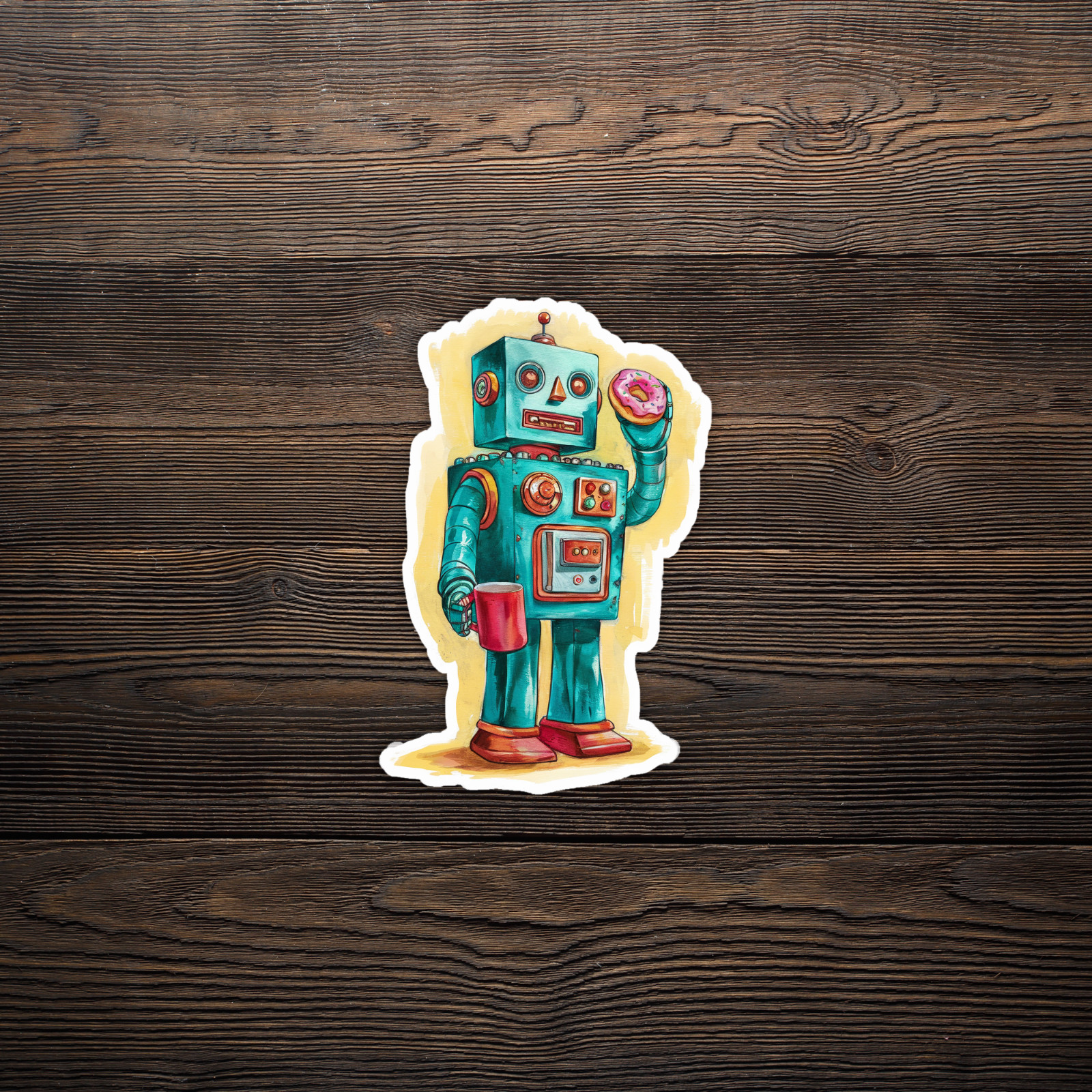 Retro Robot Sticker Watercolor Turquoise Sci-Fi Bot with Donut Illustration #784