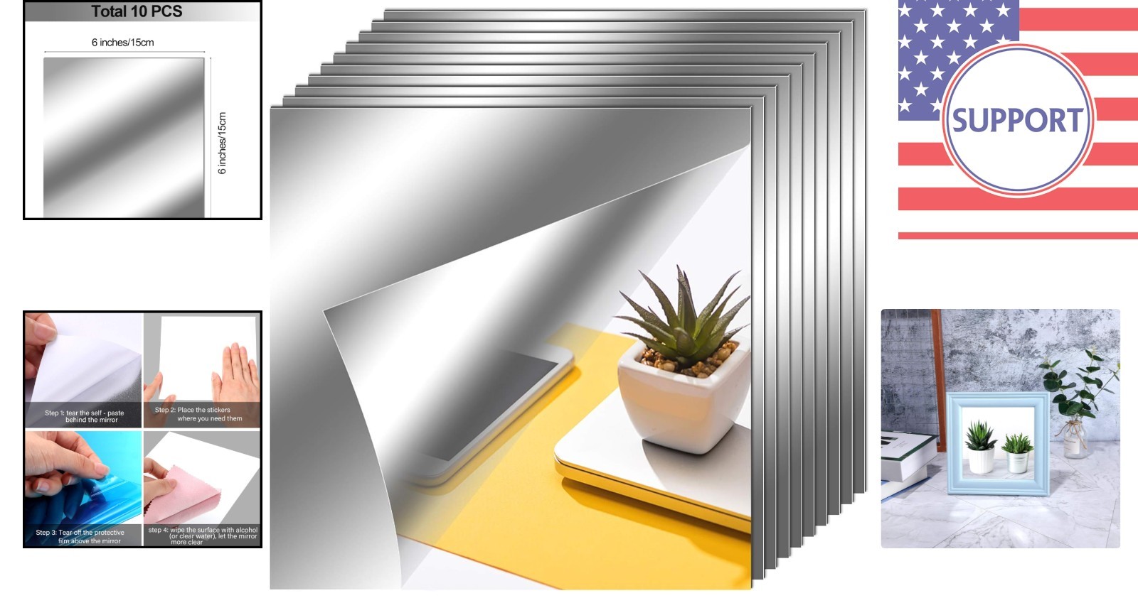 10 Self-Adhesive 6×6 Inch Flexible Mirror Sheets for Elegant Wall Decor