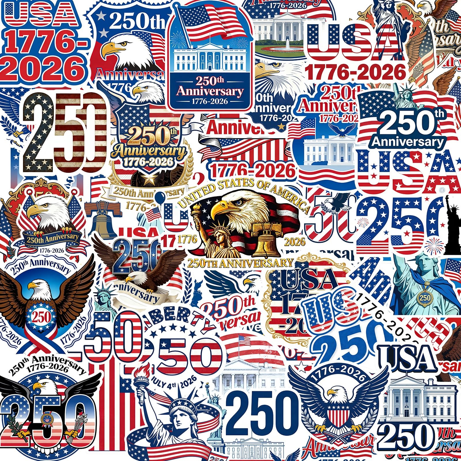50Pcs 250th Anniversary Sticker 2.5 inches x 2.48 x 0.1 inches, White