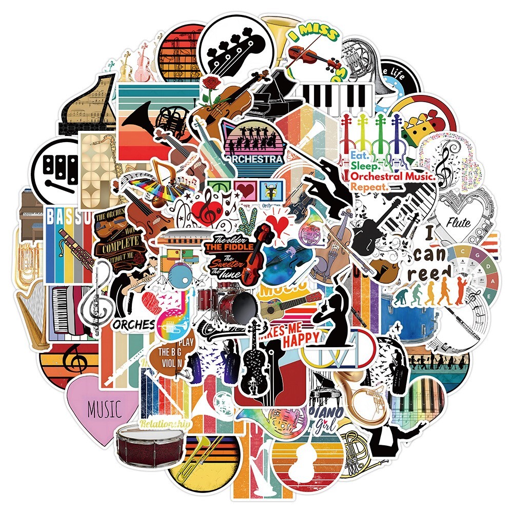 100pcs MUSIC INSTRUMENT Stickers,ORCHESTRA Flute Bassoon Reed Piano Violin, 237