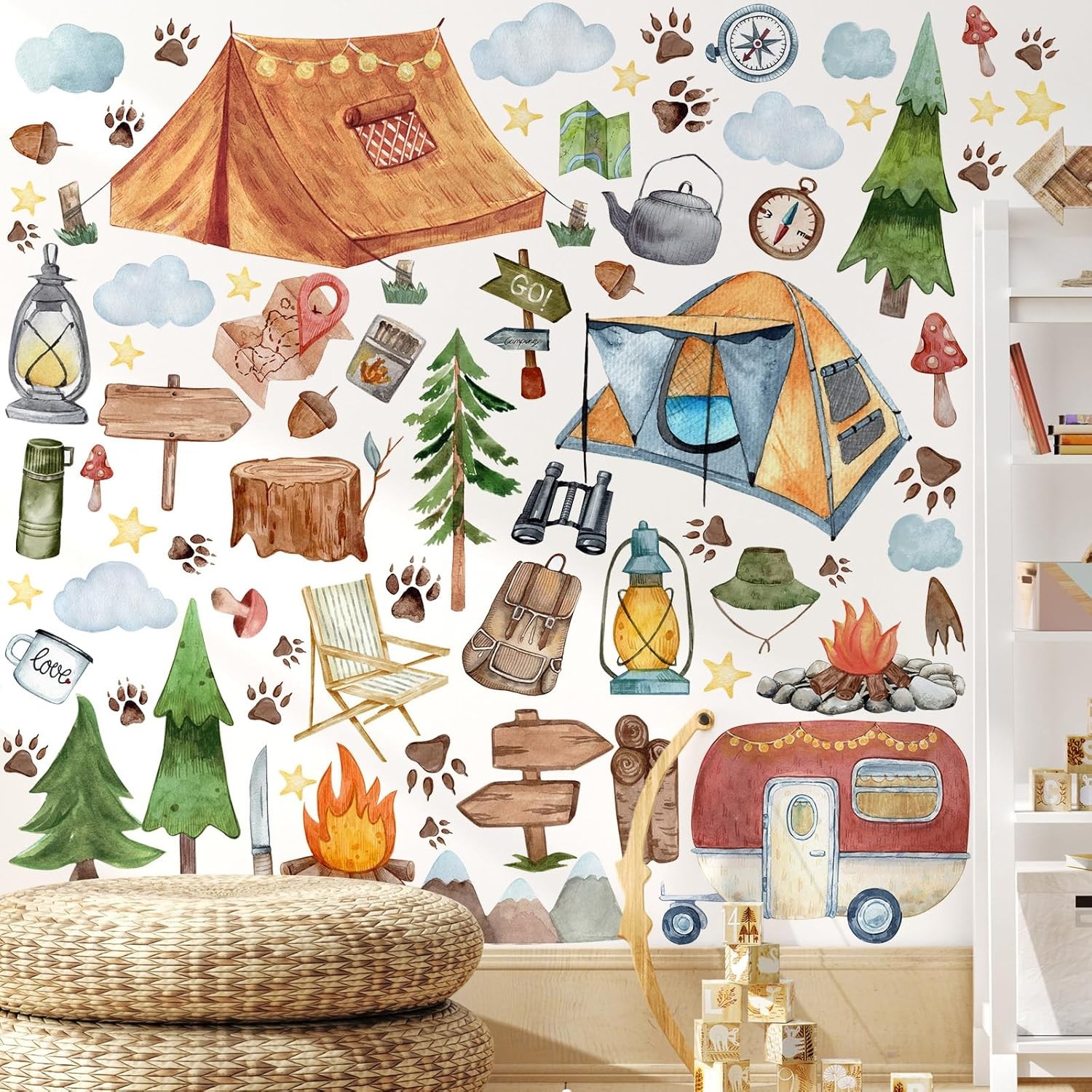2 Sheet 64 Pcs Camping Wall Decals Stickers Adventure Theme As Picture Shown