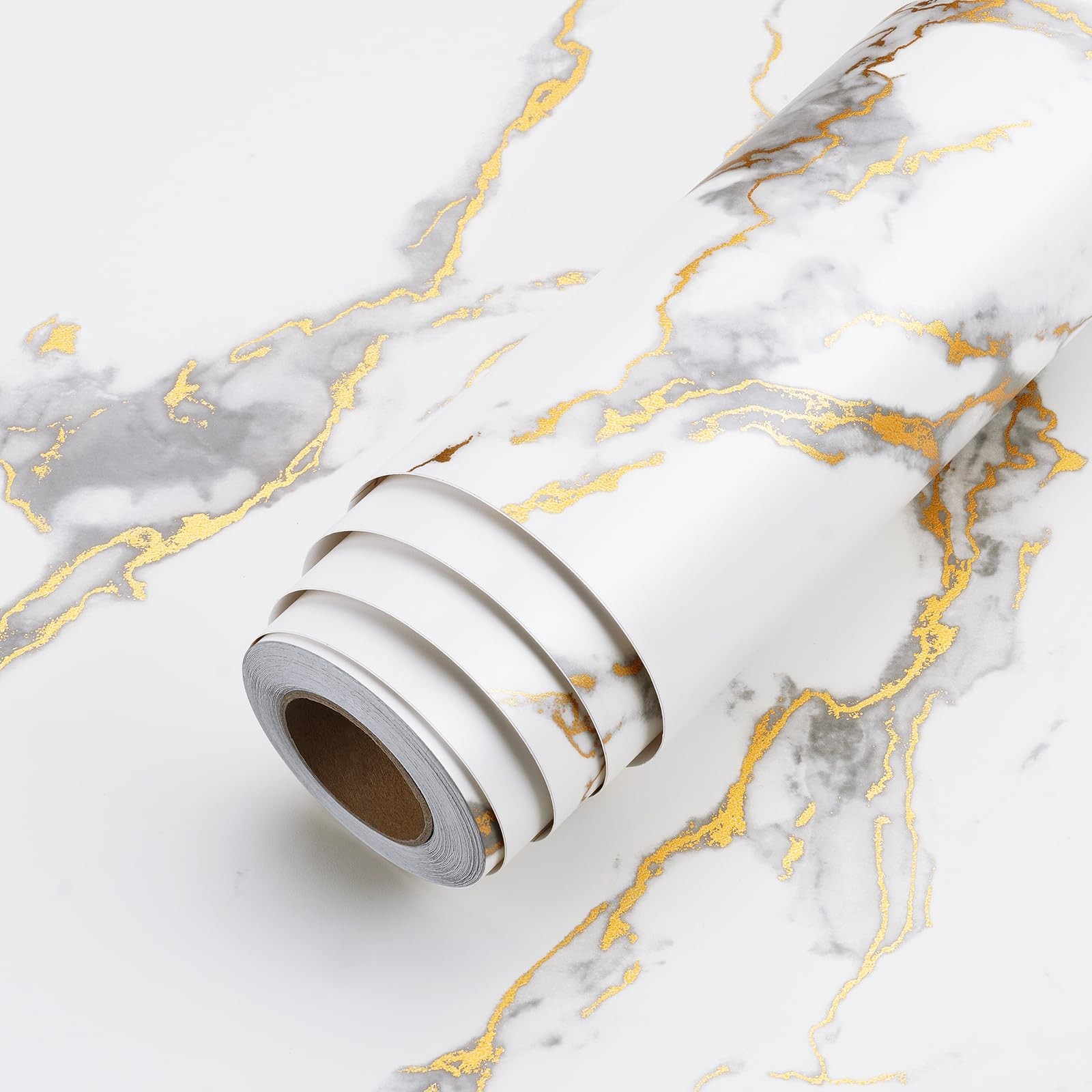 LaCheery 15.8inx46ft Matte White Gray Gold Marble Contact Paper Peel and Stic…
