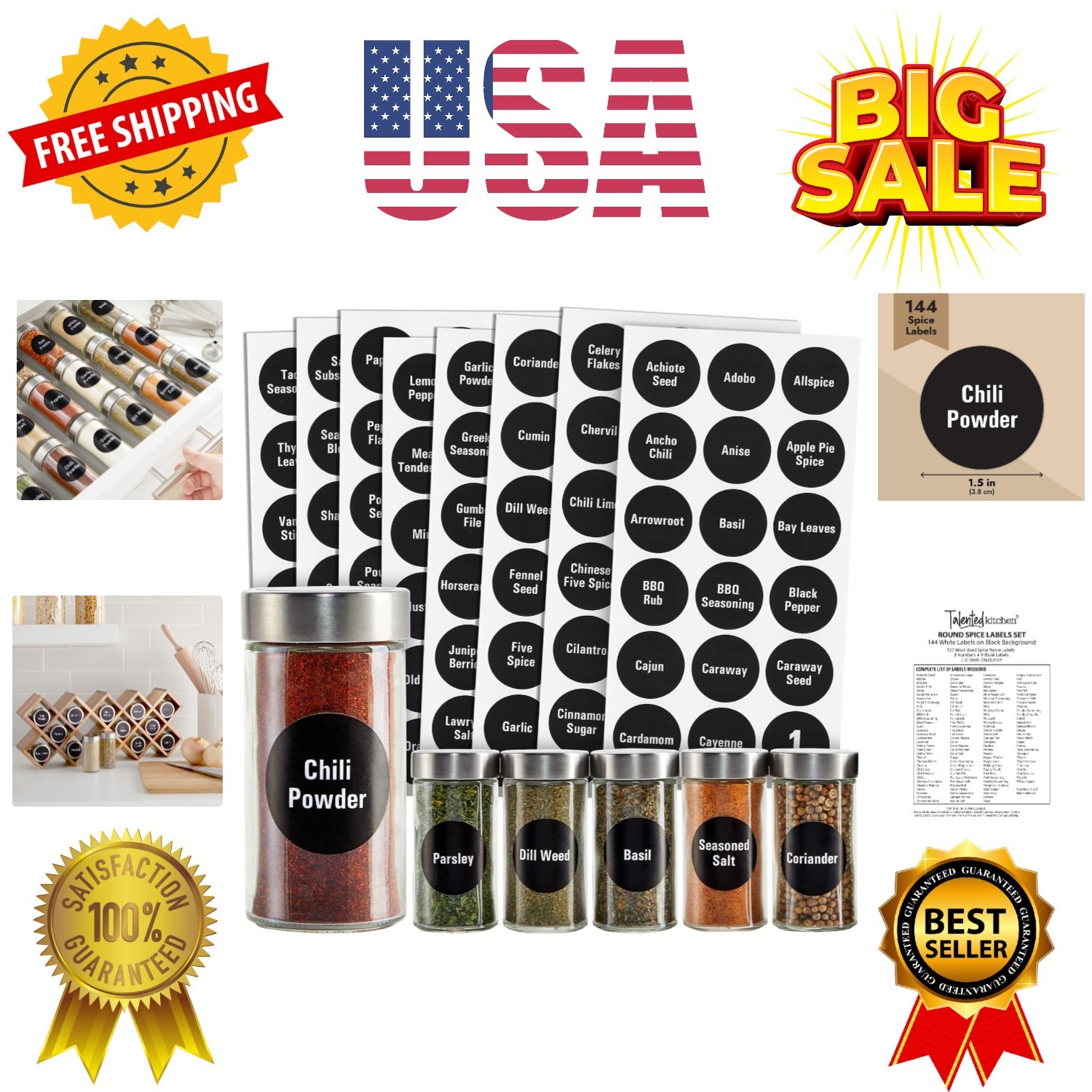 Spice Labels Stickers – 144 Round 1.5-Inch Water-Resistant Vinyl – Preprinted…