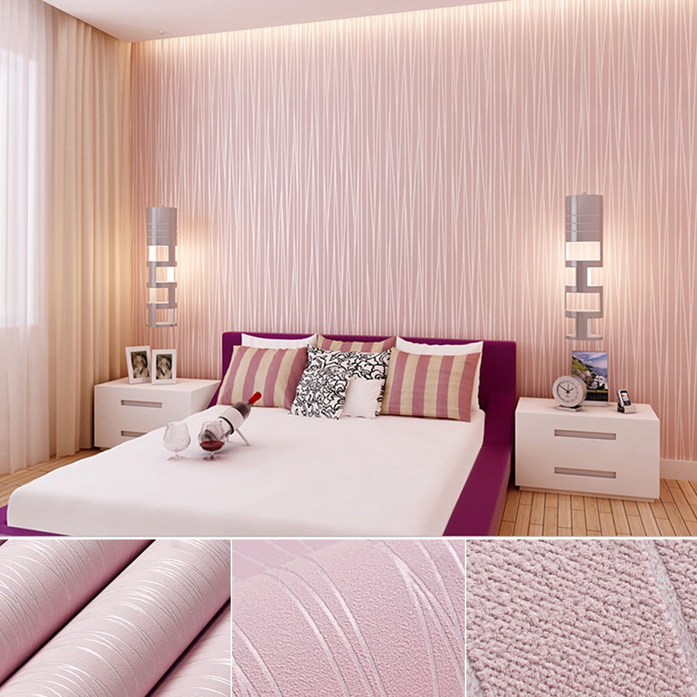 33FT 3D Non-woven Wallpaper Roll Living Room Bedroom Decor Pink Stripes Sticker