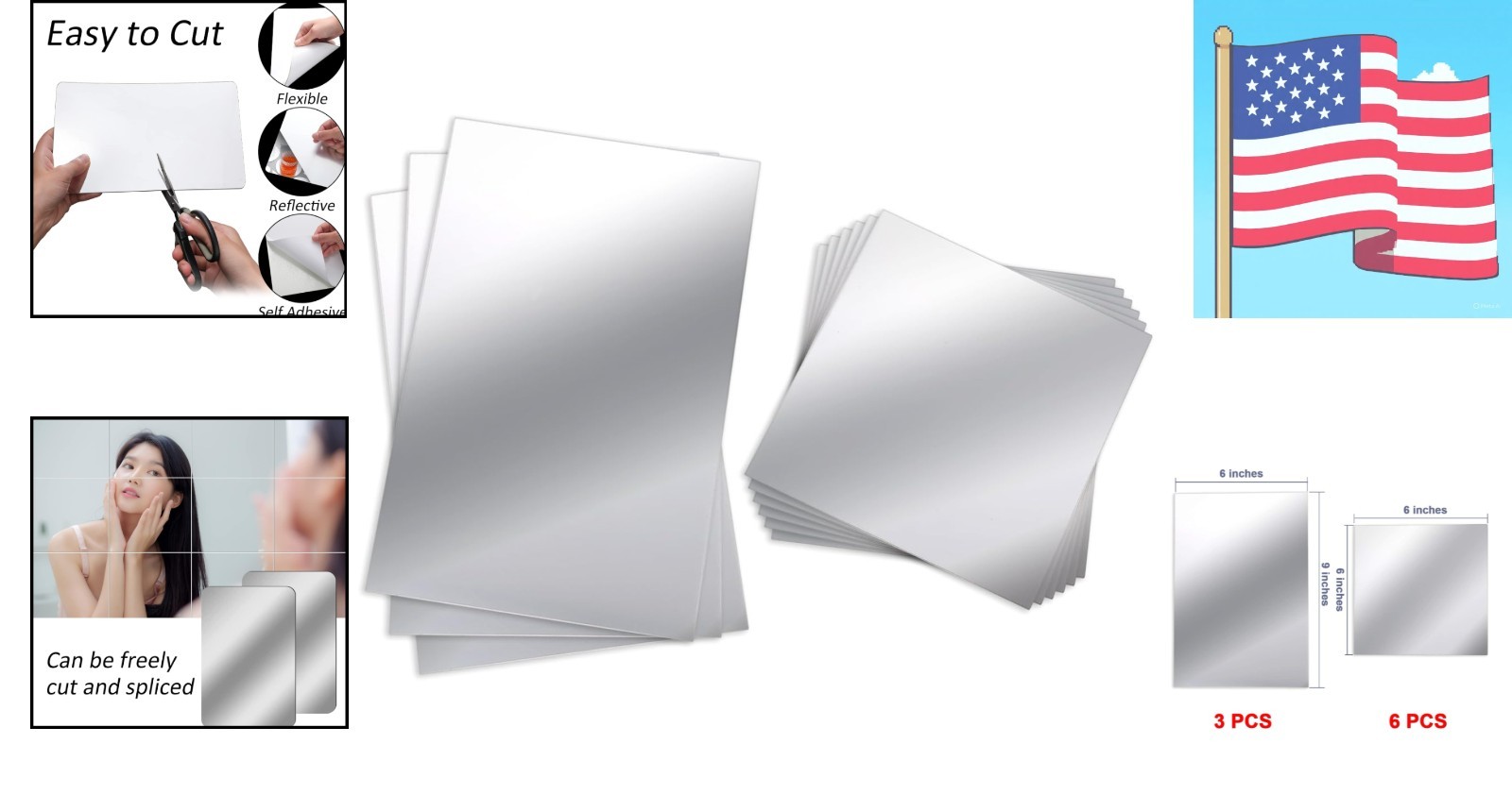 9 Pieces Mirror Stickers 6 x 9 Inches, 6 x 6 Inches Adhesive Craft Mirrors Ac…