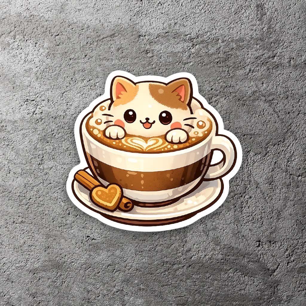 Cat Latte Coffee Cup 3.5" Wide Vinyl Sticker – Includes Two