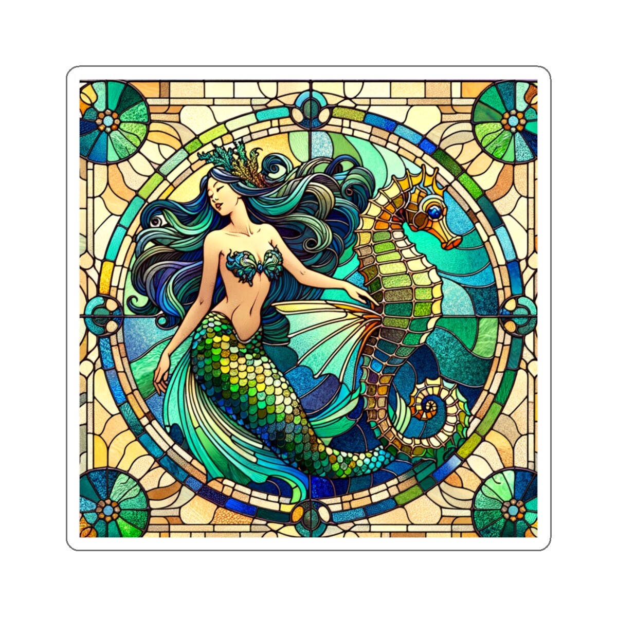 Sticker Stained Glass Style Art Mermaid Seahorse Nautical 2×2" 3×3" 4×4" 6×6"
