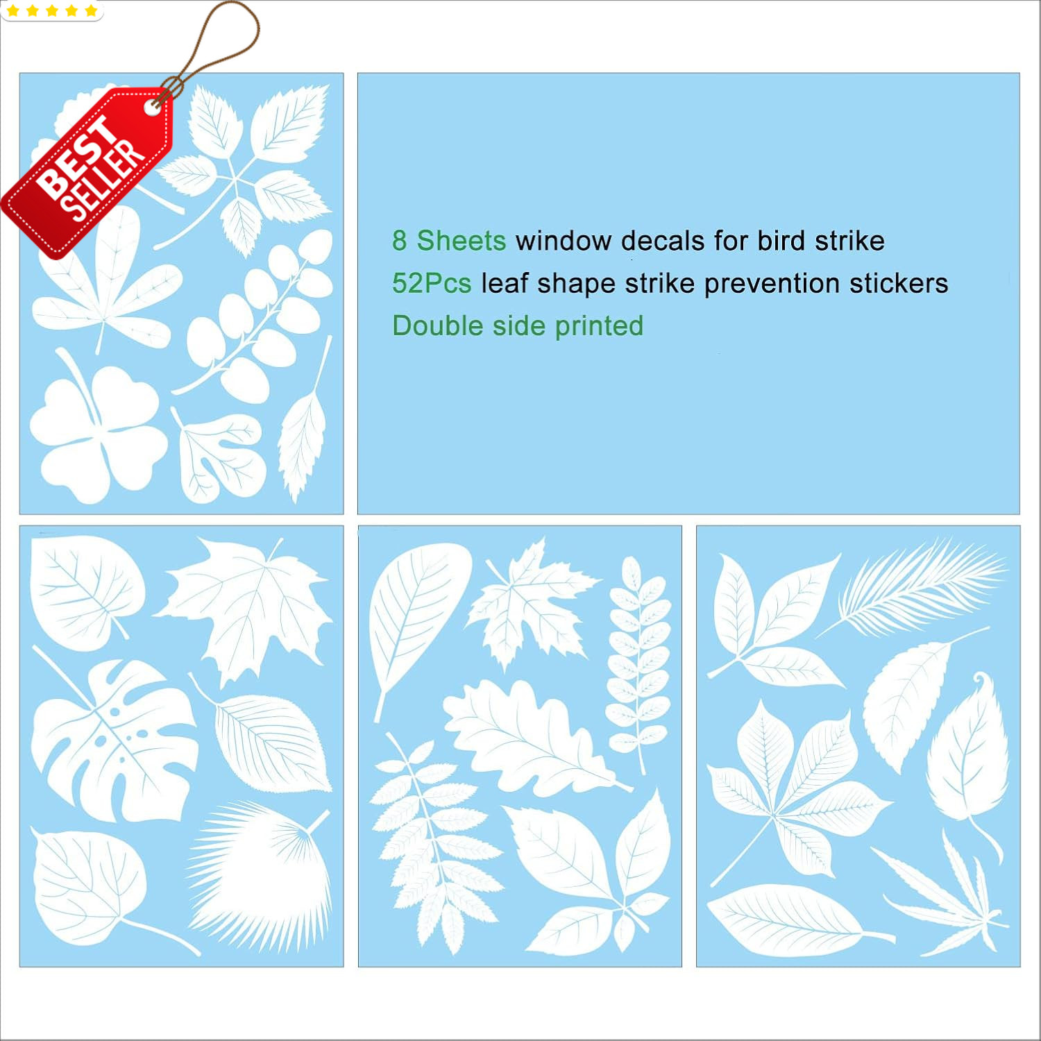 52 Pcs Bird Strike Window Decals Large Leaf Shape Anti-Collision Glass Stickers