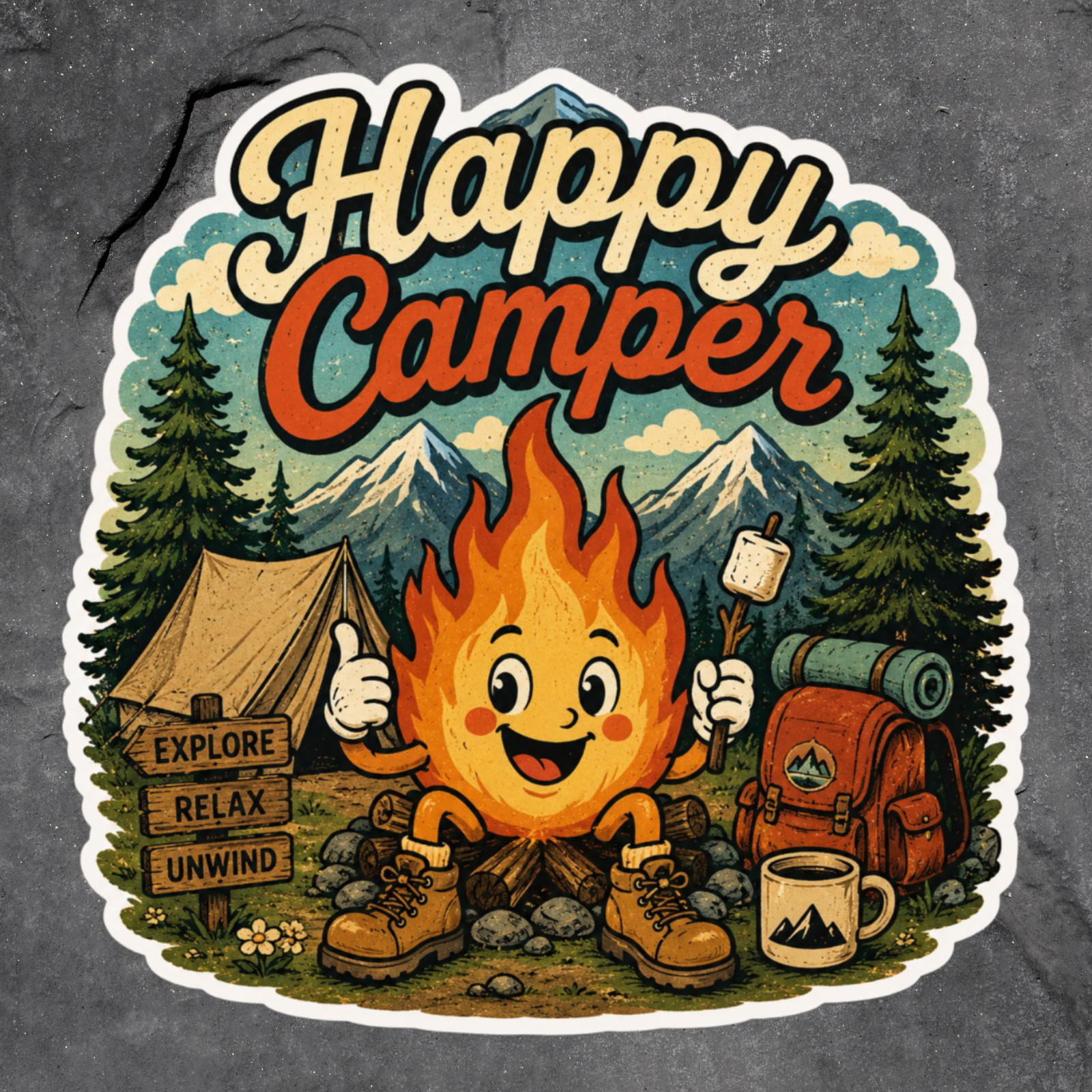 Camping Sticker Vinyl Decal Happy Camper Campfire Tent Hiking Mountain Outdoors