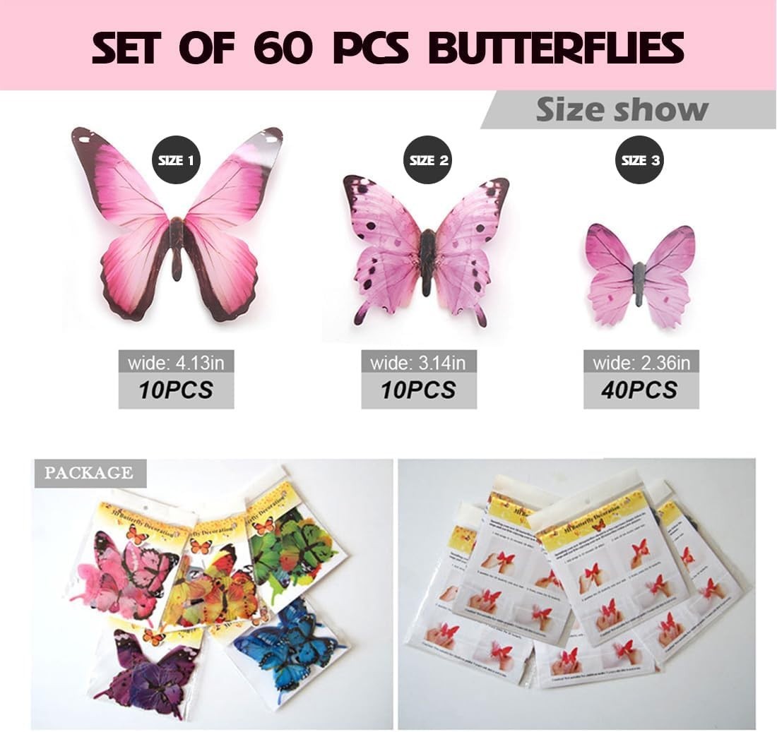 Butterfly Wall Stickers Set – 60 Removable 3D Decor for Bedrooms and Parties