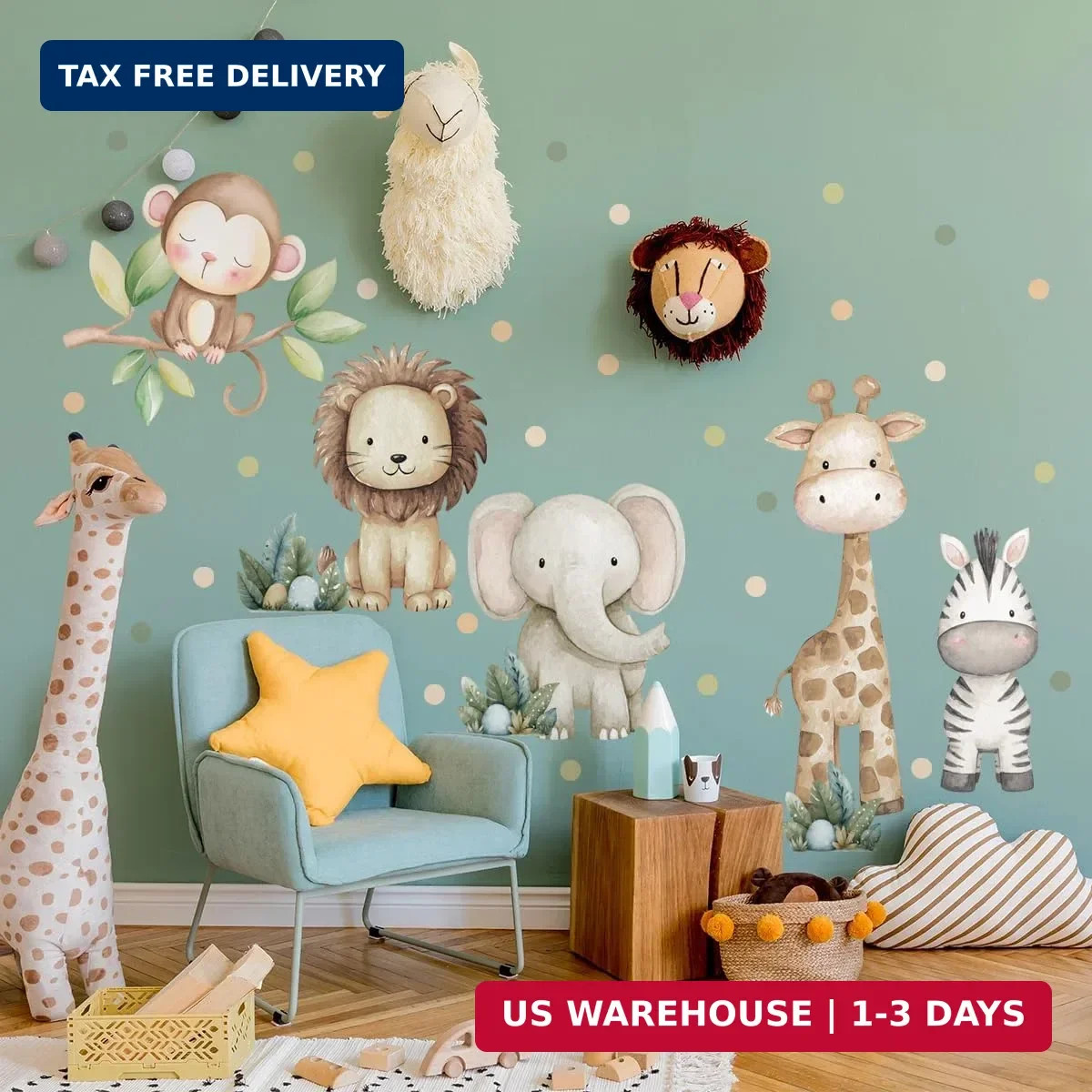 Safari Animals Nursery Wall Decal, Peel and Stick Nursery Mural Jungle Animals L