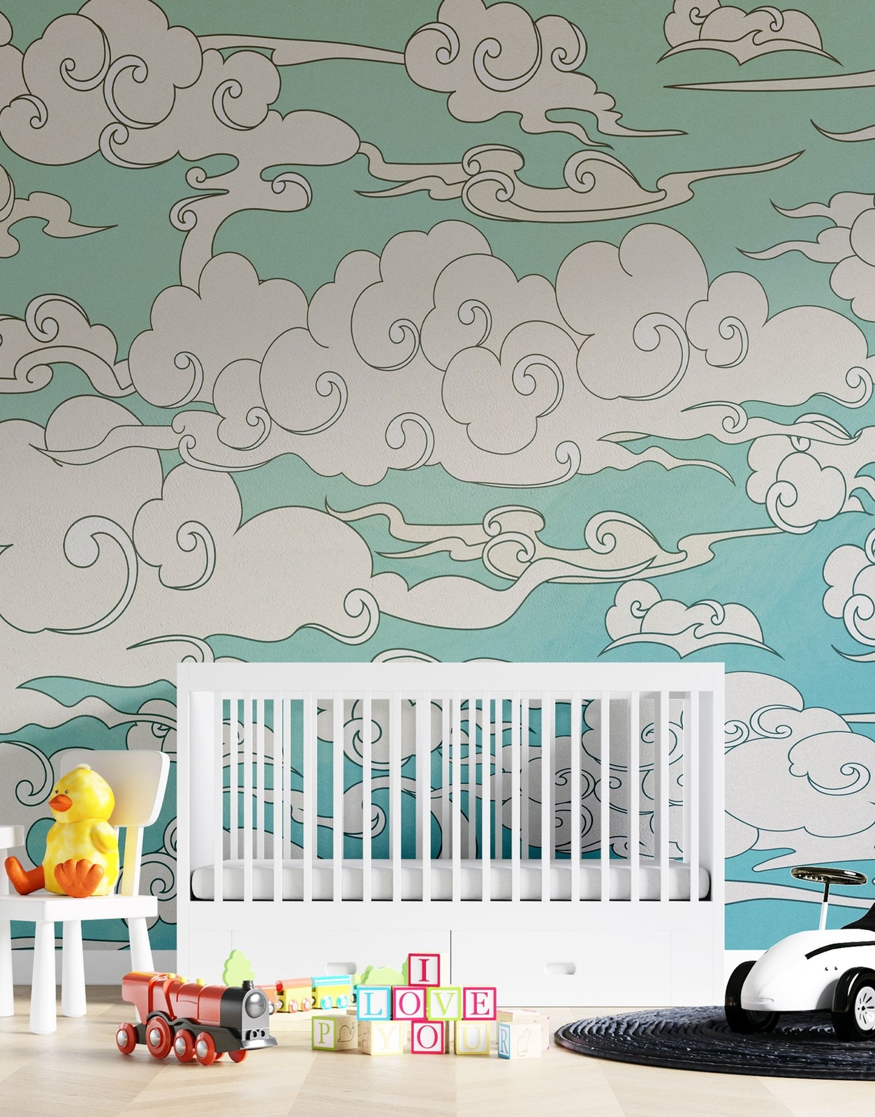 Japanese Traditional Curly Cloud in Sky Abstract Illustration Asian Decor Wall M