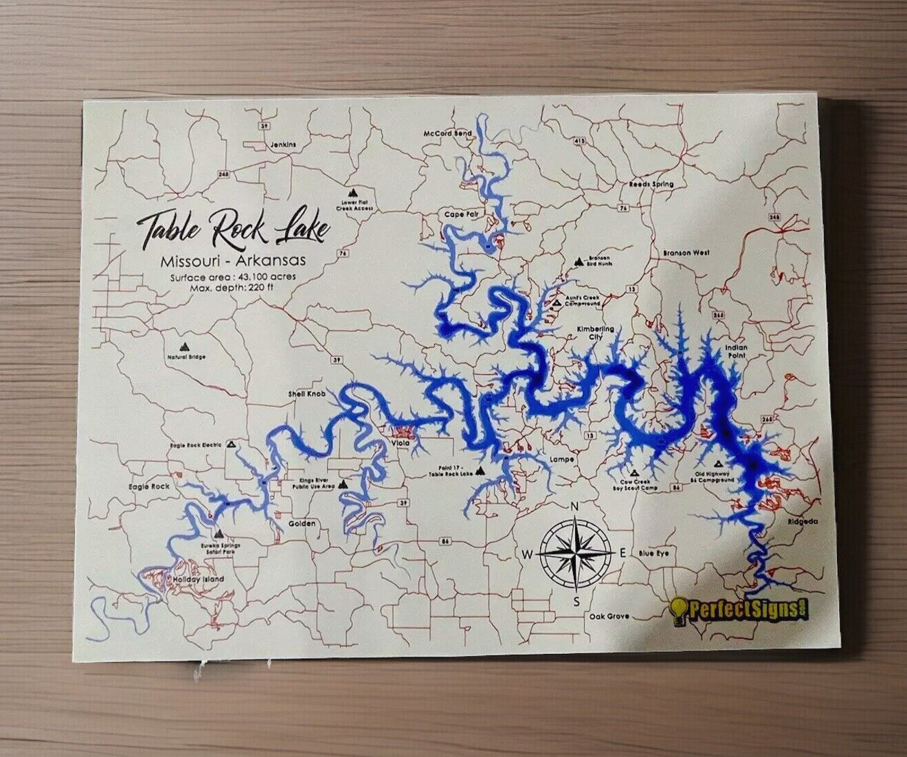 Table Rock Lake Map High Quality Canvas Self-Adhesive Print Easy to Apply