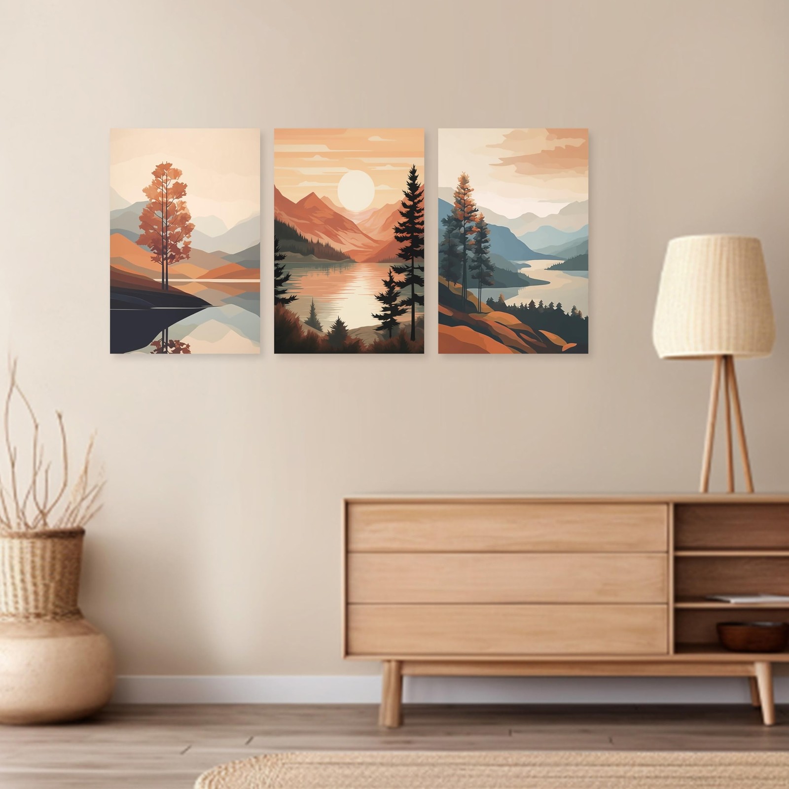 ARTZGX Boho Canvas Wall Art 3 Piece Minimalist Bohemia Picture Sunrise Mounta…