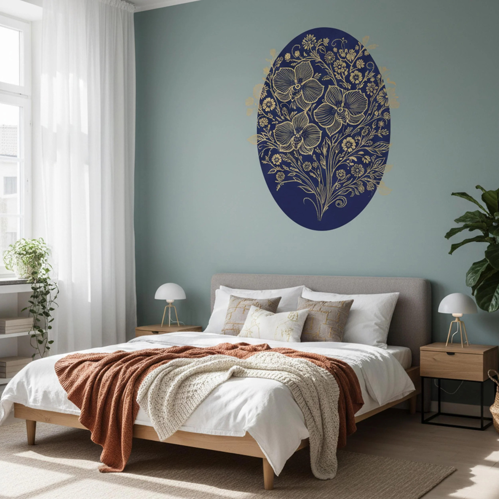 Gold Filigree Orchid Decal | Navy Blue Floral Mural