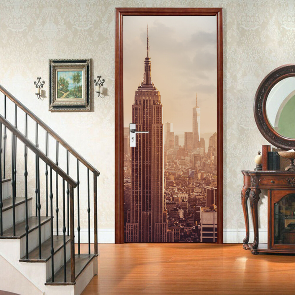 DOOR STICKER Urban high-rise Goddess Statue 3D Self-adhesive Murals Decals Cover