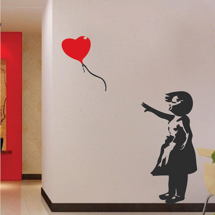 Heart Balloon Girl Wall Decal Modern Wallpaper Removable Artistic Vinyl Art, g46