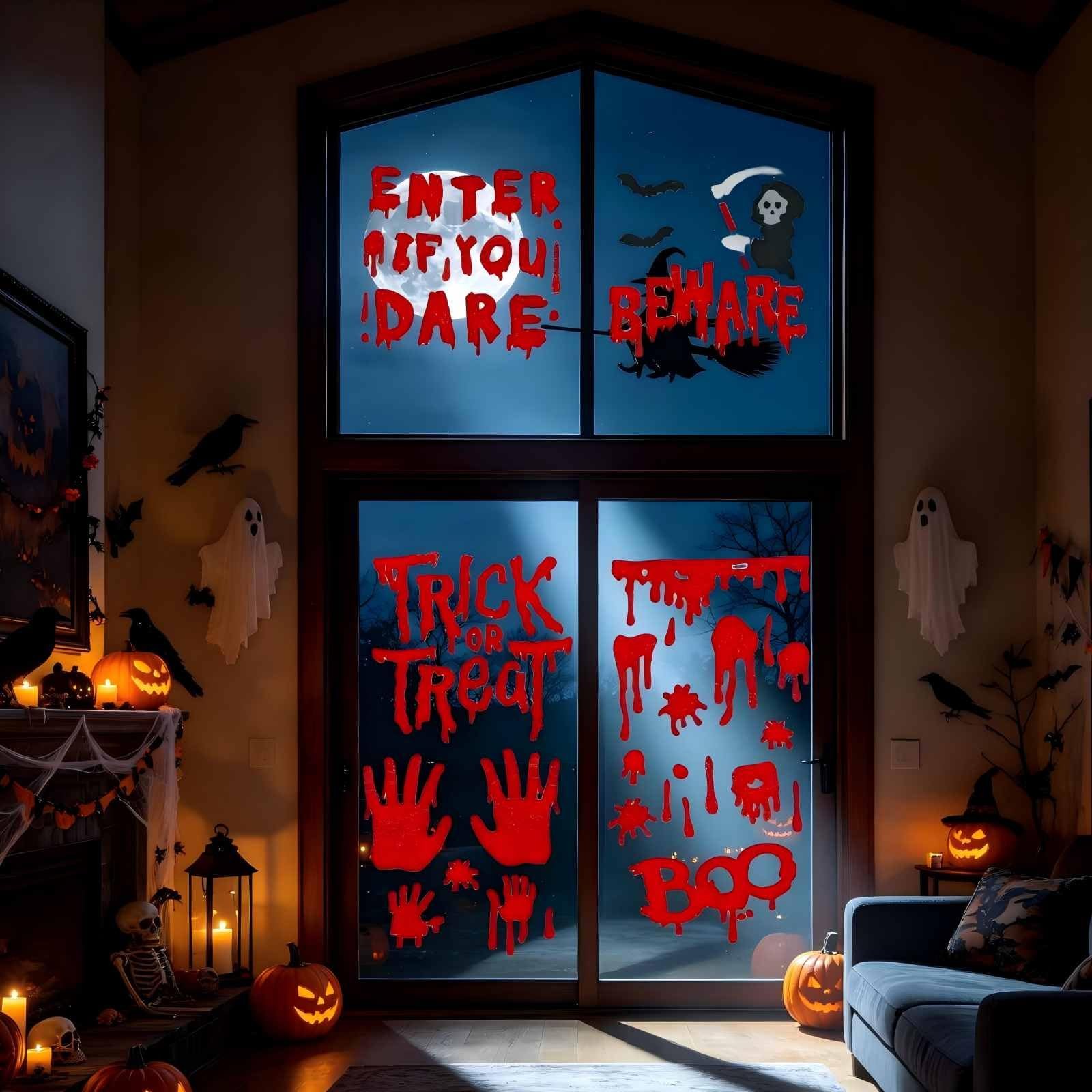 Gift&Fun 6 Sheets Halloween Window Gel Clings,7.9 x 7.9 Assorted Sizes, Red
