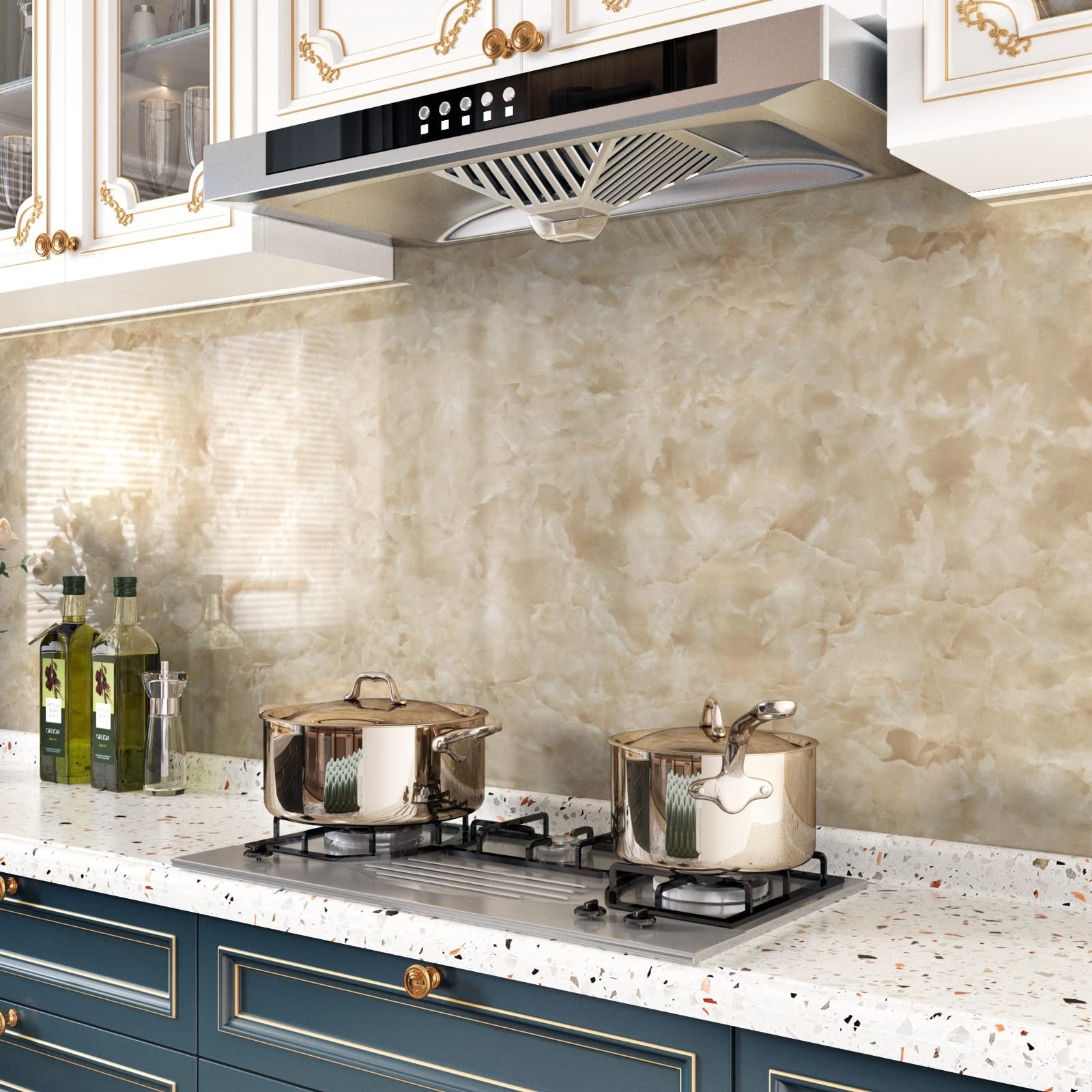 Glossy Beige Marble Contact Paper for Table Top Self Adhesive Shiny Marble Fi…