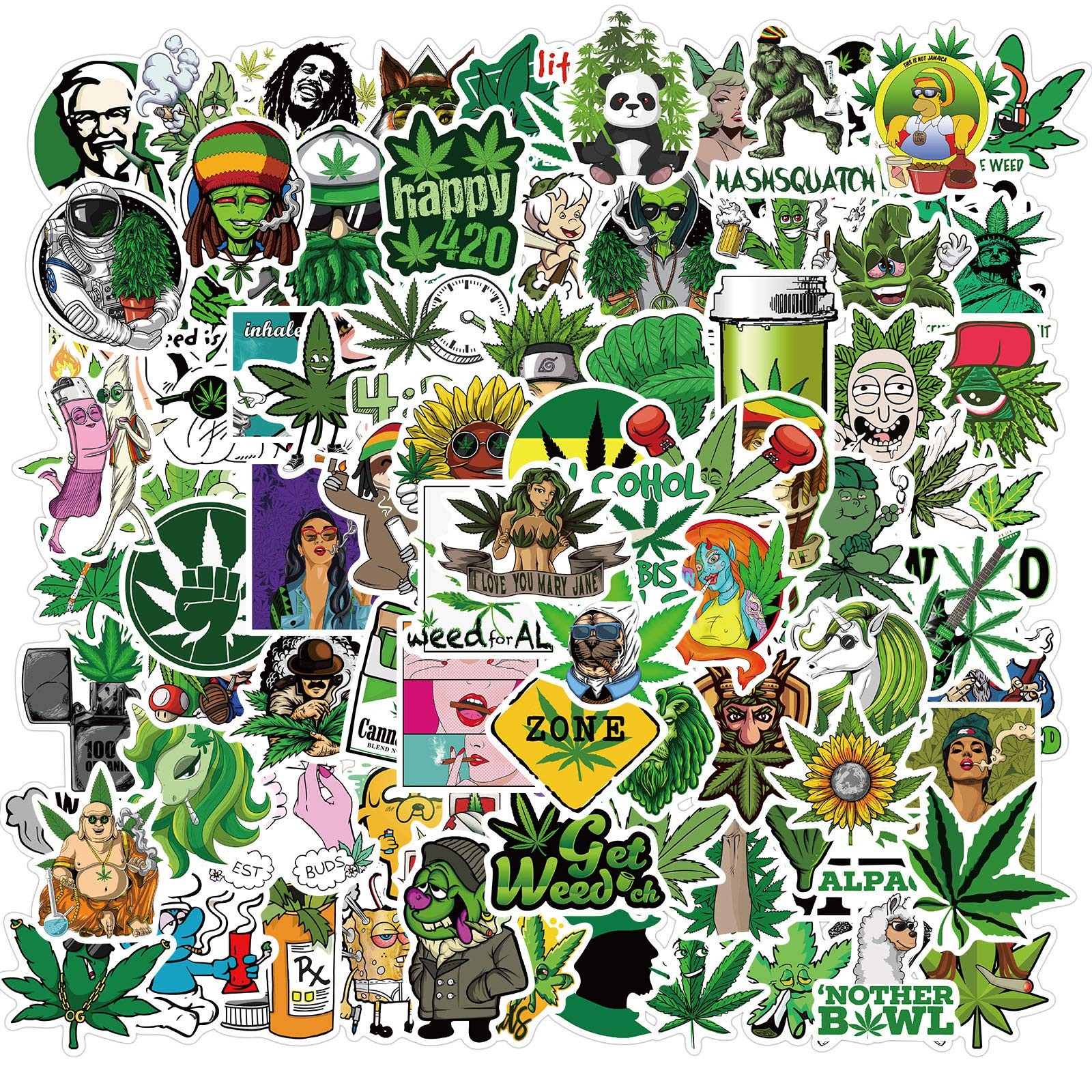 100PCS Stoner Weed Stickers, Vinyl Waterproof Green Marijuana Stickers