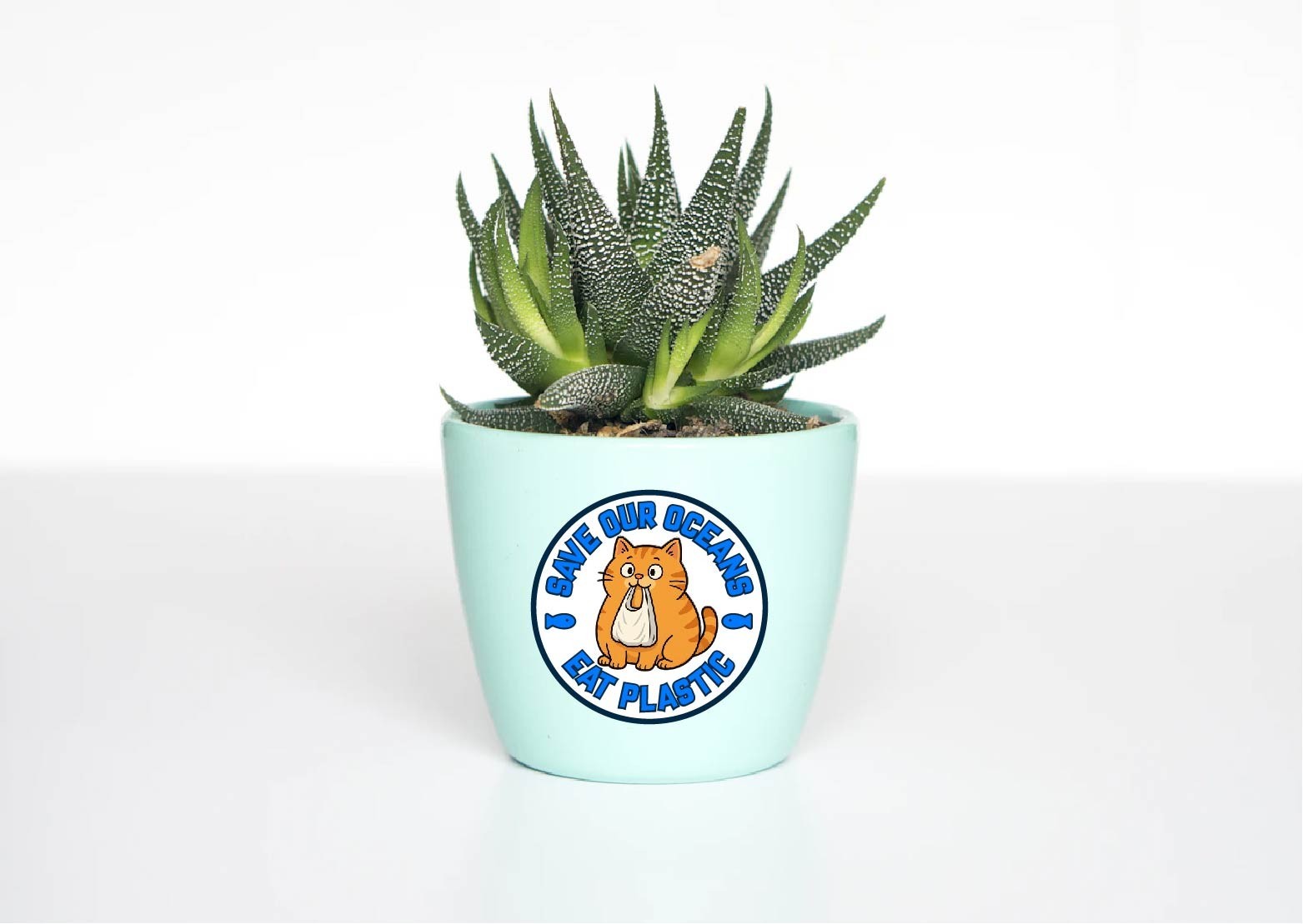 Save Our Oceans Eat Plastic Orange Cat Decal Sticker Think Green Bag Brain Cell