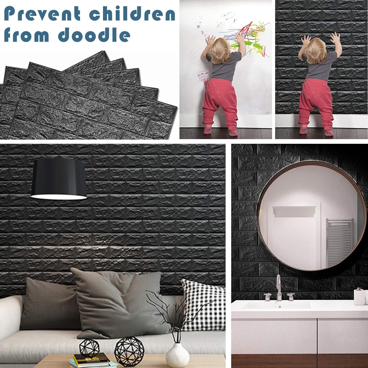 Black 3D Tile Brick Wall Sticker Self-adhesive Foam Panel Wallpaper 14.5 SQ FT