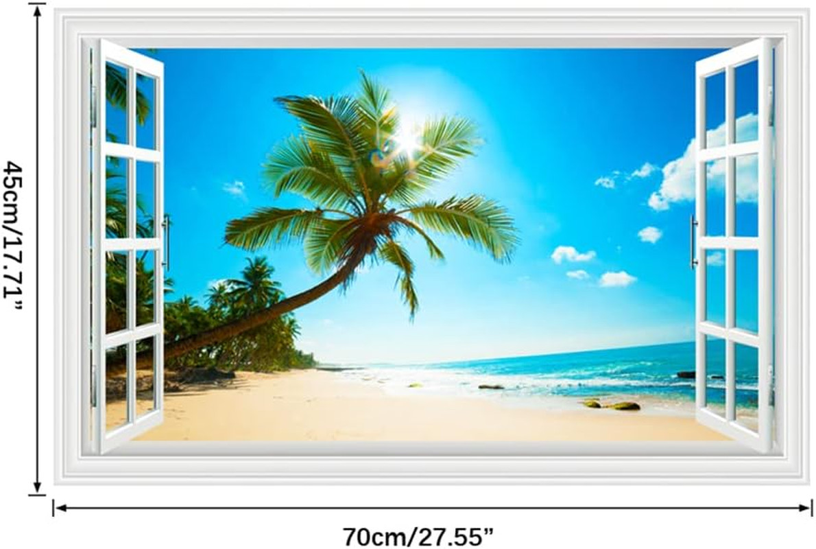 Fake Windows Wall Sticker, Removable 3D Beach Seascape Faux Windows Wall Decals