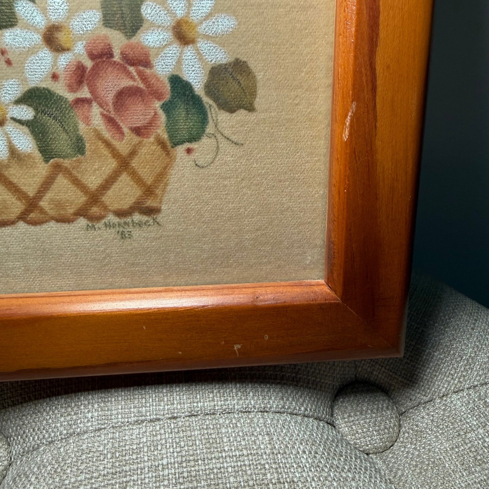 Vintage 1983 Theorem Painting Folk Art Roses Daisies Basket Signed M Hornbeck