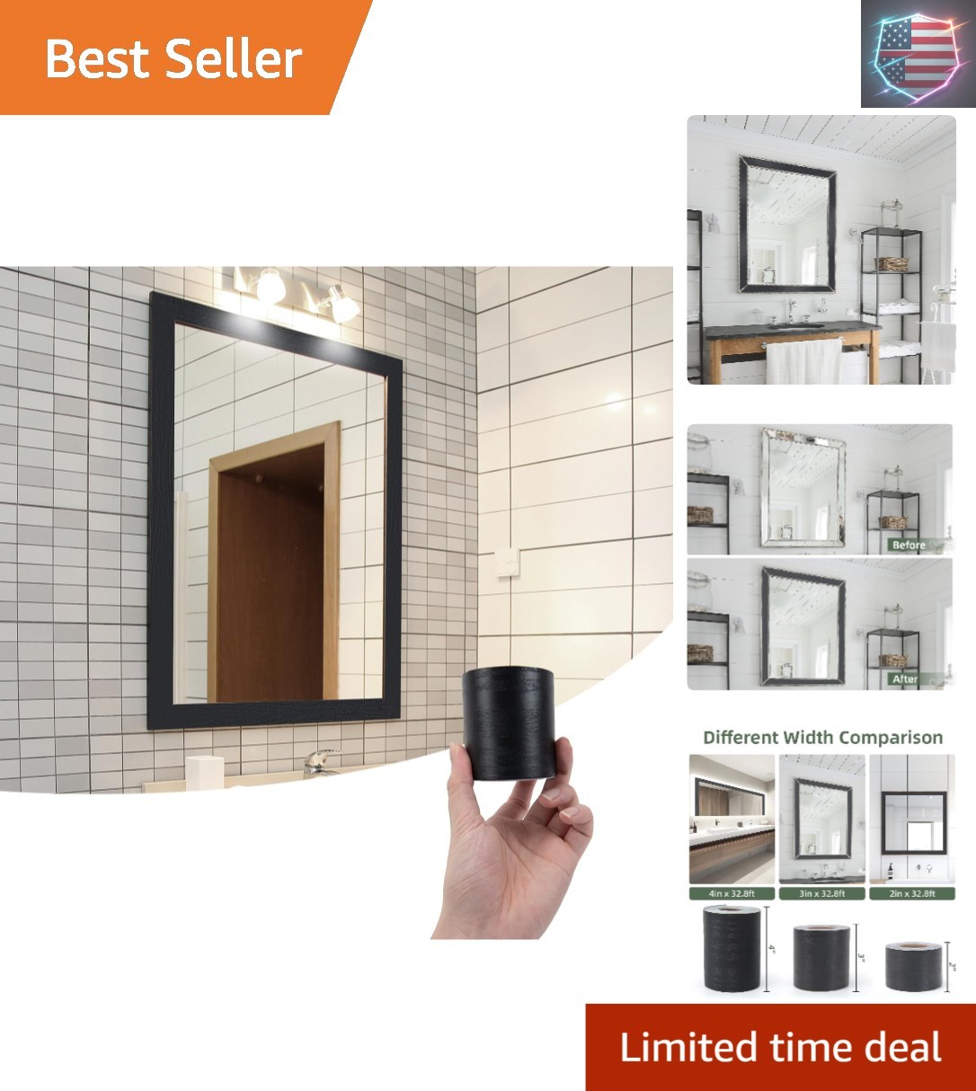 32ft x 3in Black Mirror Tape Border, Peel and Stick Mirror Border for Bathroo…