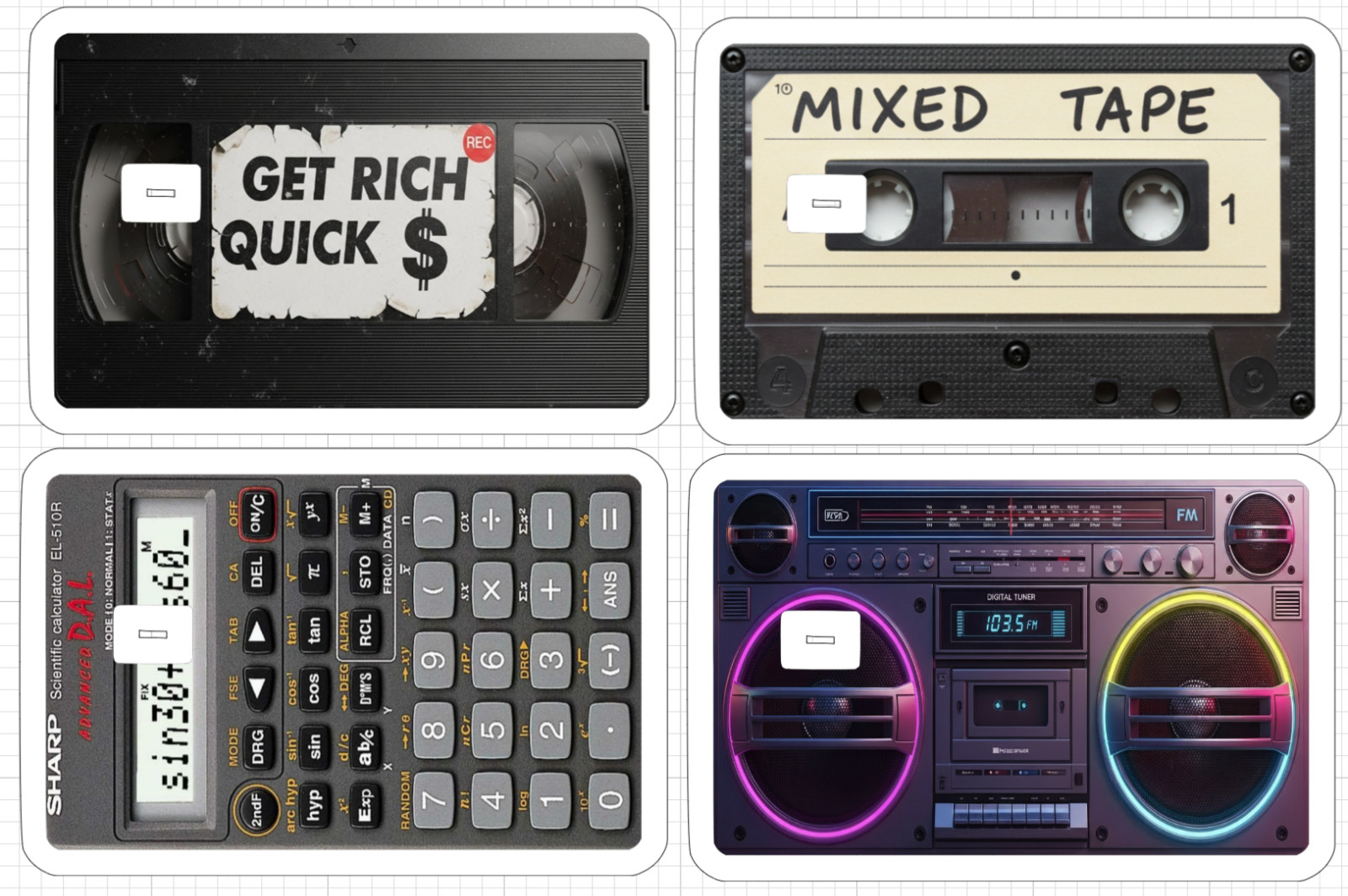 80's Retro Credit Debit Card Skin ATM Sticker VHS Cassette Boom Box Calculator