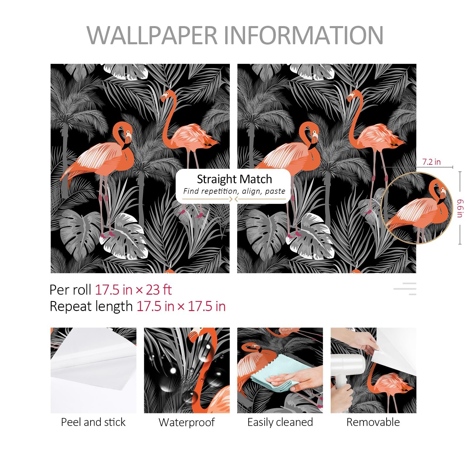17.5in×23ft Peel and Stick Wallpaper Tropical Dark Grey Leaf Orange Flaming