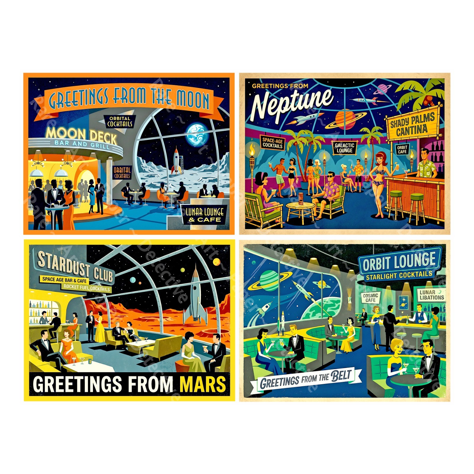 Space Adventure Bar Stickers, Mid-Century Modern, 4 Labels on 1 Sheet, 1538