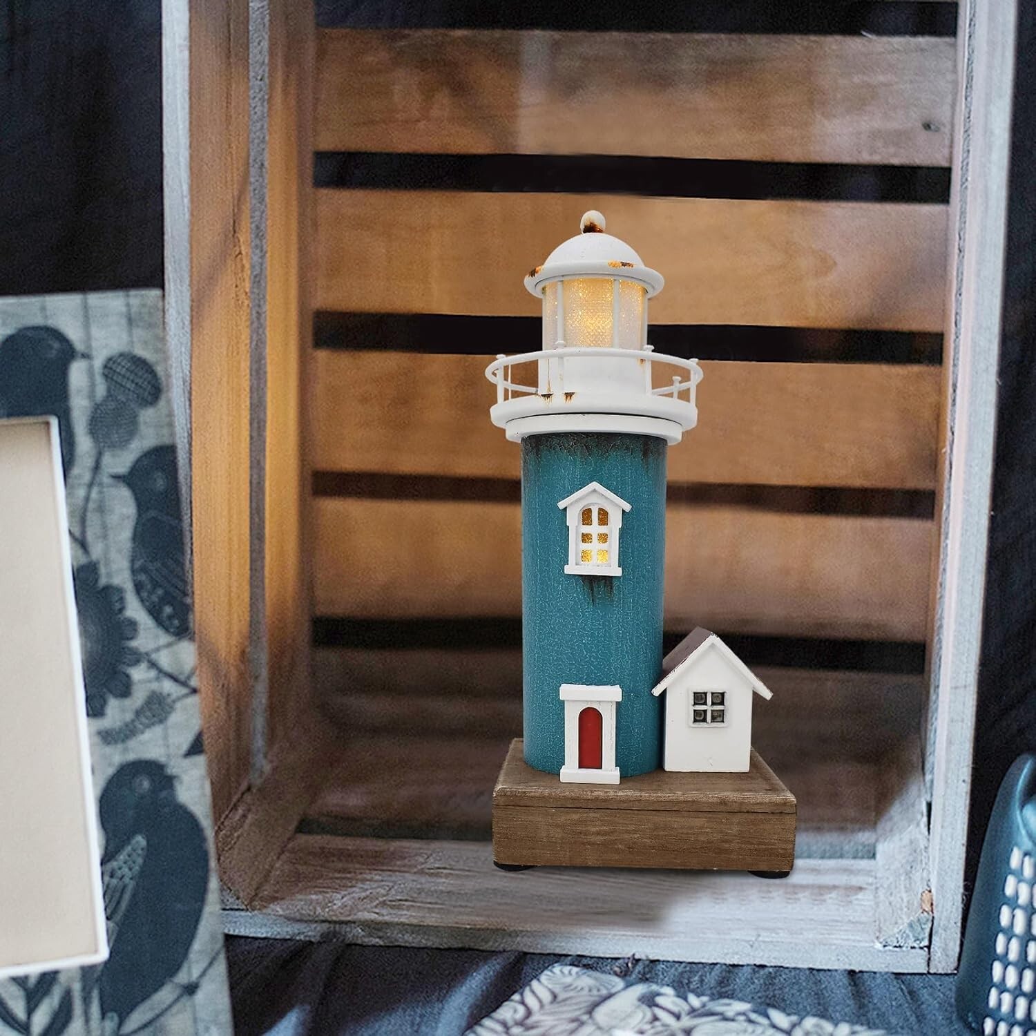 Aecipl Wooden Lighthouse with Lights Nautical Tabletop (Light Blue)