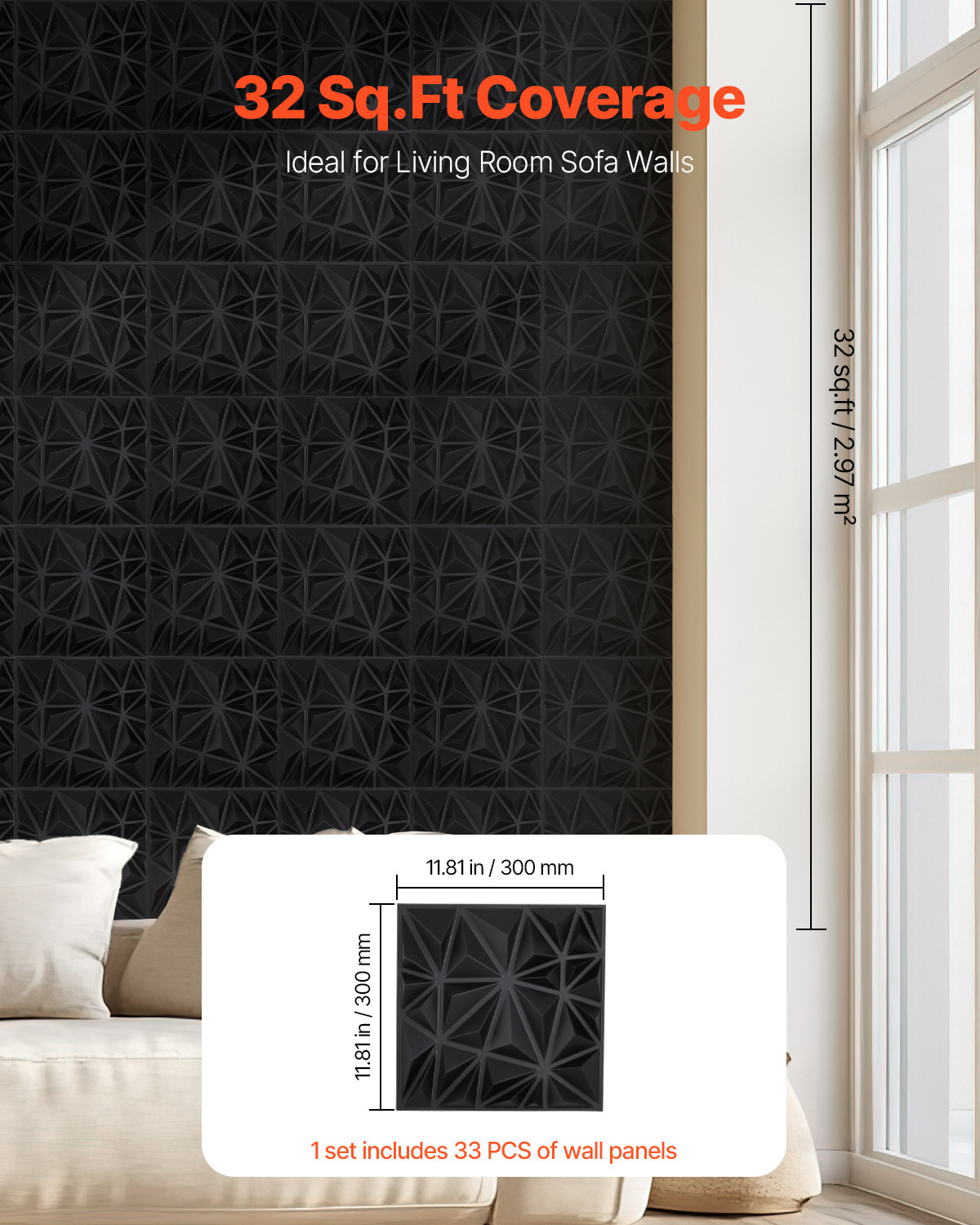 3D Wall Panels 33-Pack 11.81 x 11.81" PVC 32 Sq.Ft Coverage Diamond Matte Black