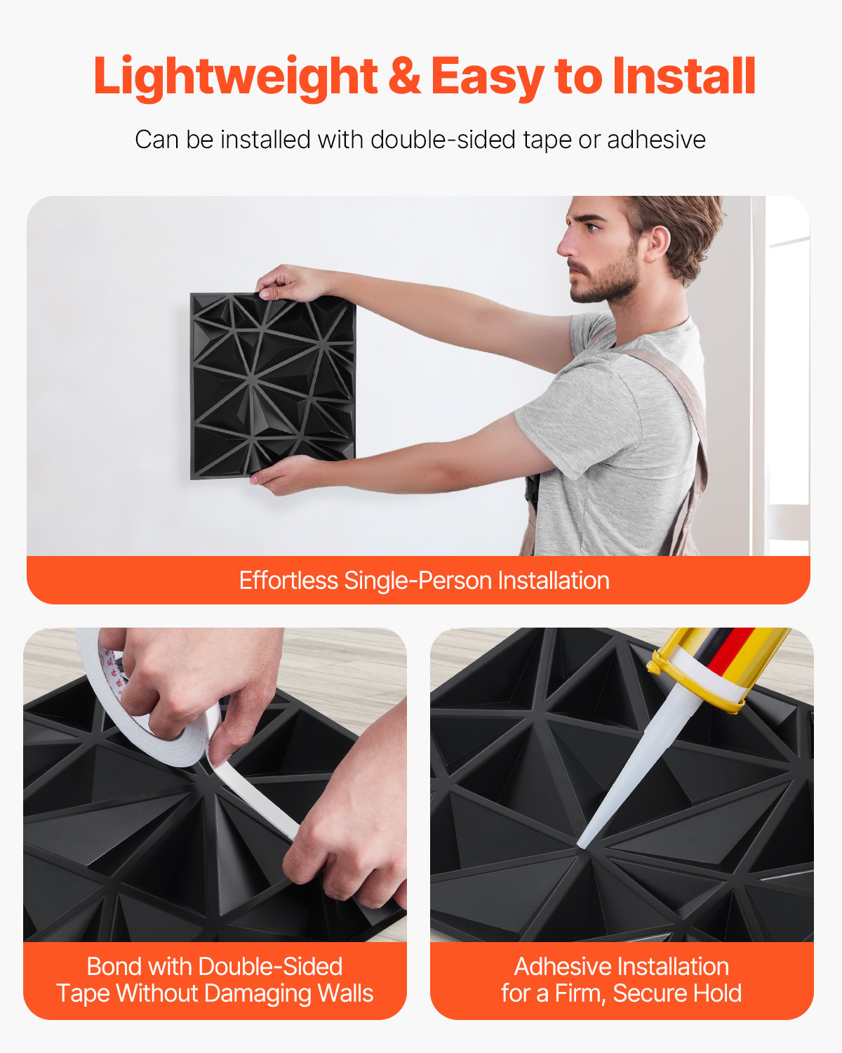 3D Wall Panels 33-Pack 11.81 x 11.81" PVC 32 Sq.Ft Coverage Diamond Matte Black