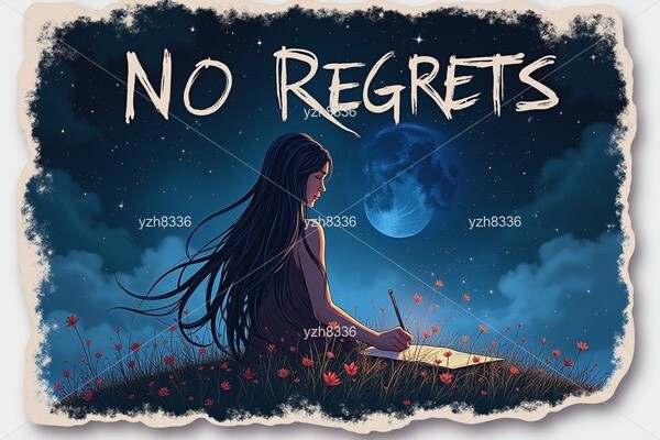 No Regrets Sticker – Serene Night Scene with Writing Girl and Moonlit Sky – Zink