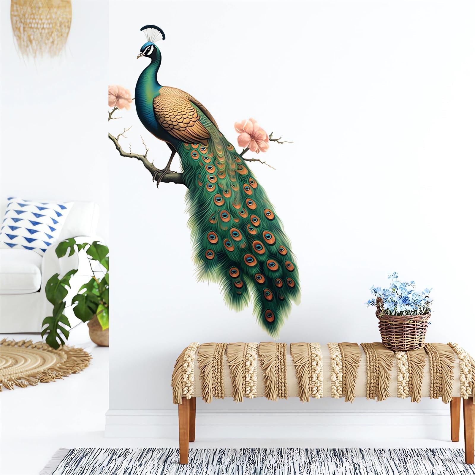 Green Peacock Peach Blossom Painted Wall Stickers, sacinora Beautiful Art Wal…