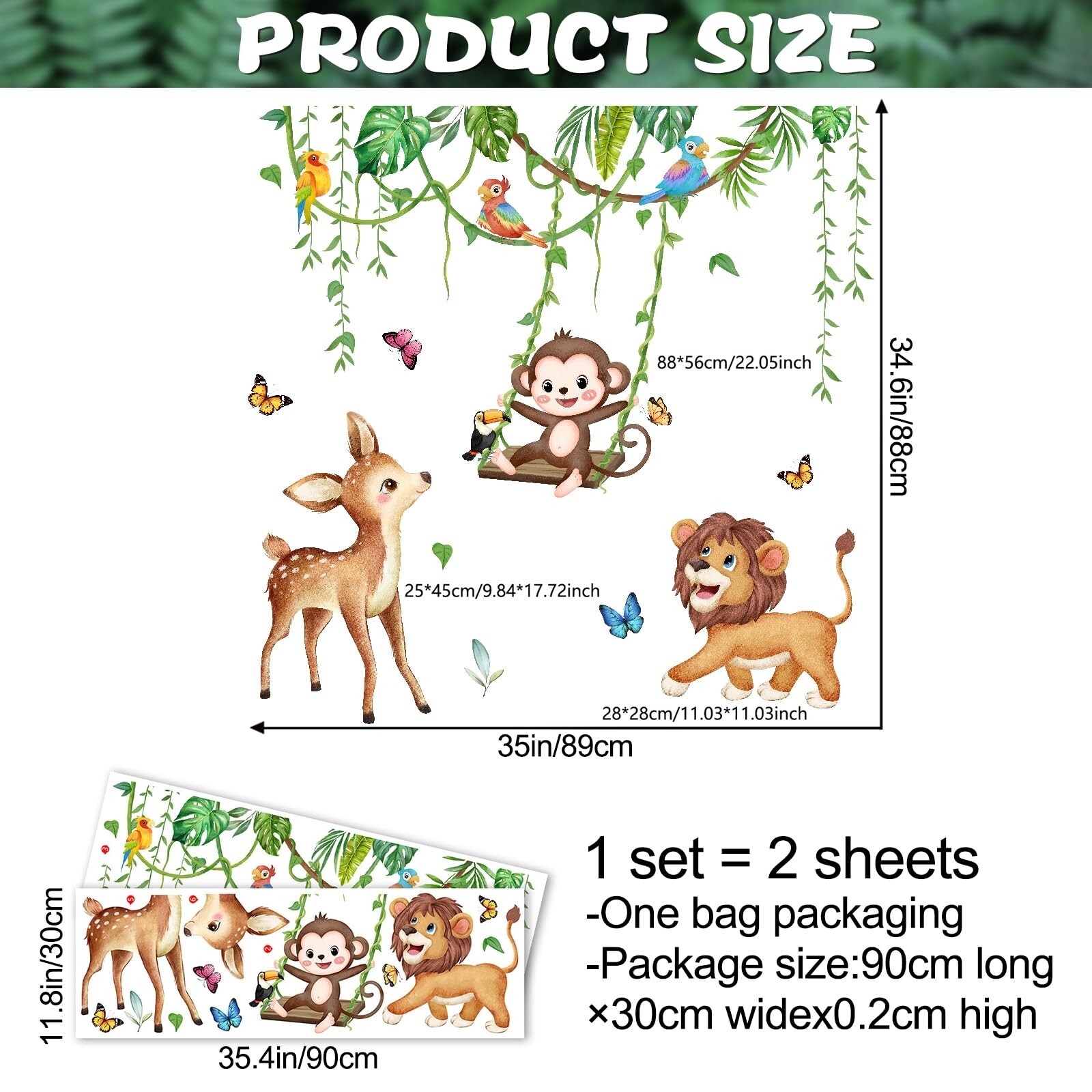 Safari Animals Wall Decals Tropical Leaves Wall Stickers Green Hanging Vines …