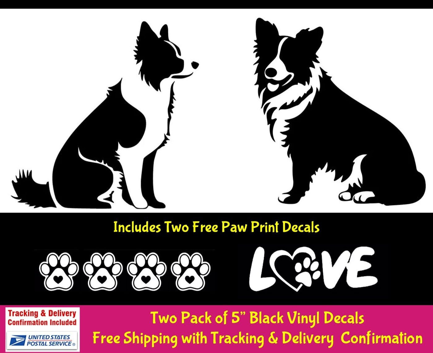 Border Collie Two 5" Black Vinyl Decal Car Truck Windows Laptop Tablet Tumbler