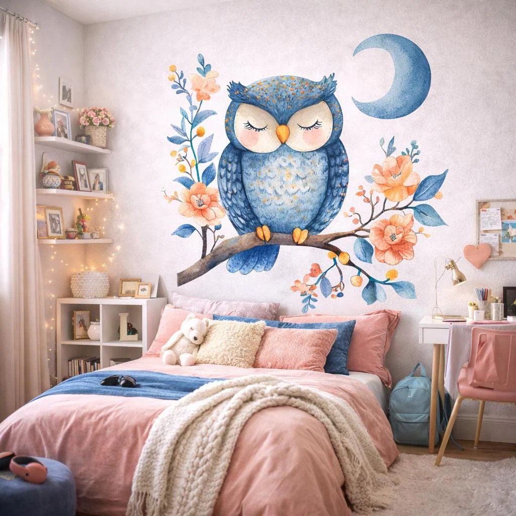 Sleeping Owl Wall Decal | Watercolor Nursery Art