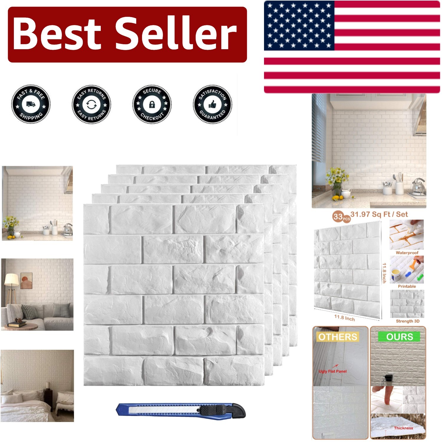 Customizable 3D White Brick Wall Panels – 30 Pcs Peel & Stick for Various Rooms