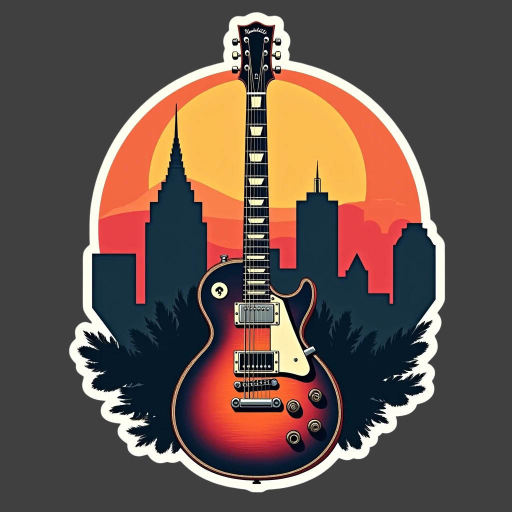 Nashville Guitar Sticker Vinyl Decal City Skyline Sunset Music Theme Travel