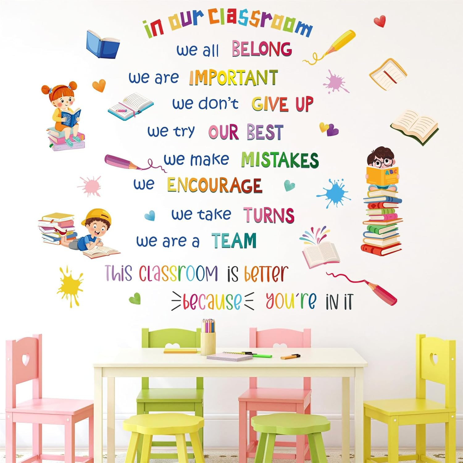 Vibrant Inspirational Quotes Wall Decals, Creative Kids Books Positive Saying Wa