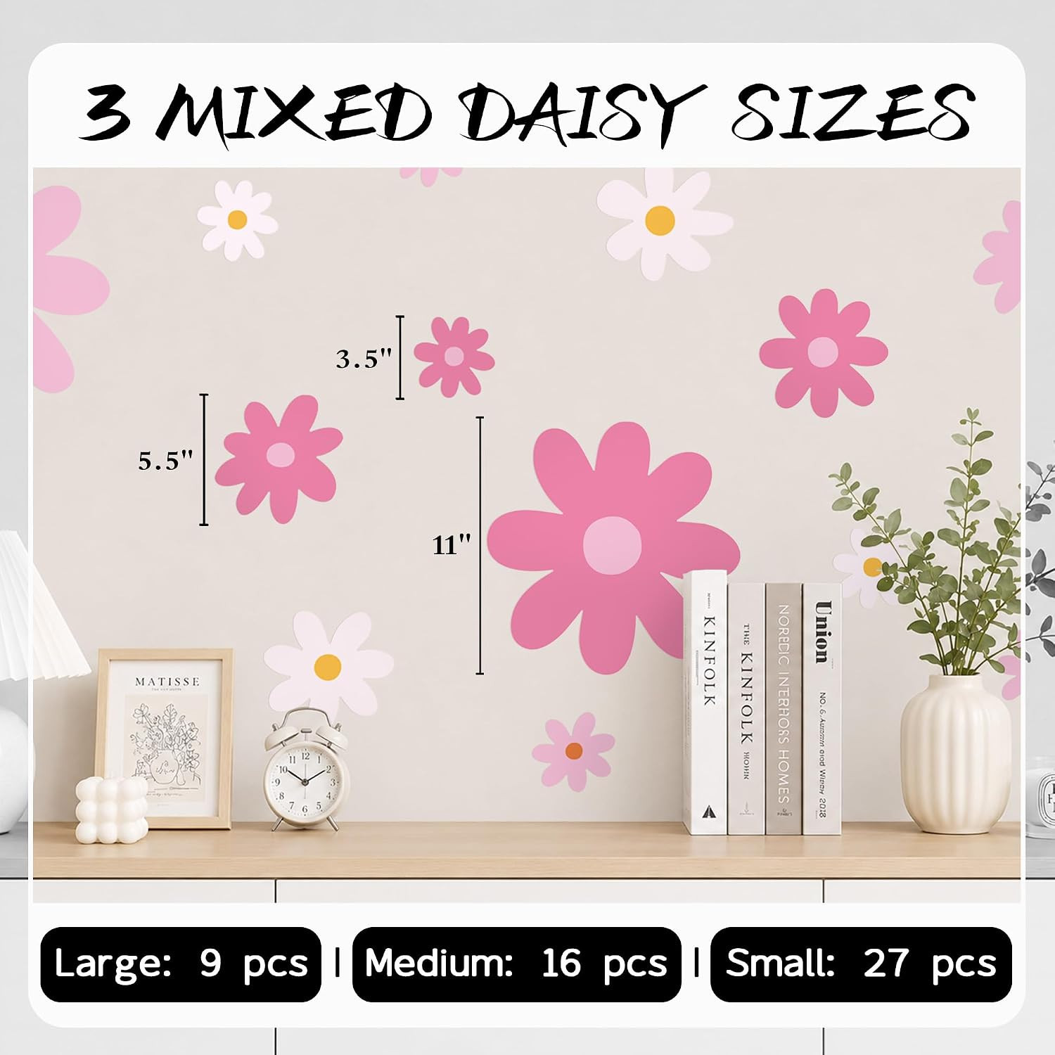 Large Daisy Wall Decals – 52 Pcs Pink Peel and Stick Flower Wall Stickers for Be