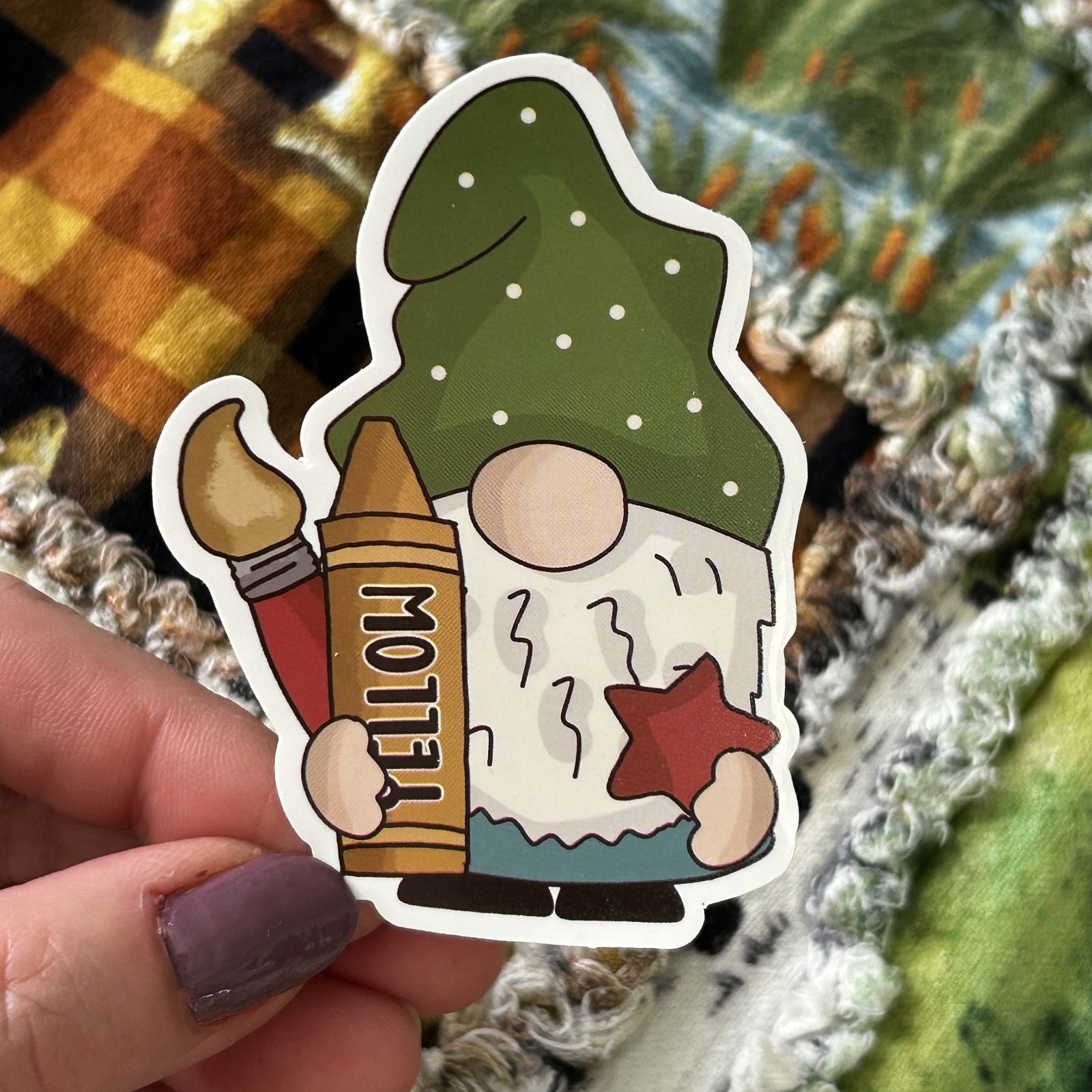 Crafting Gnome with a Yellow Crayon Laptop Vinyl Embellishment Sticker Decal