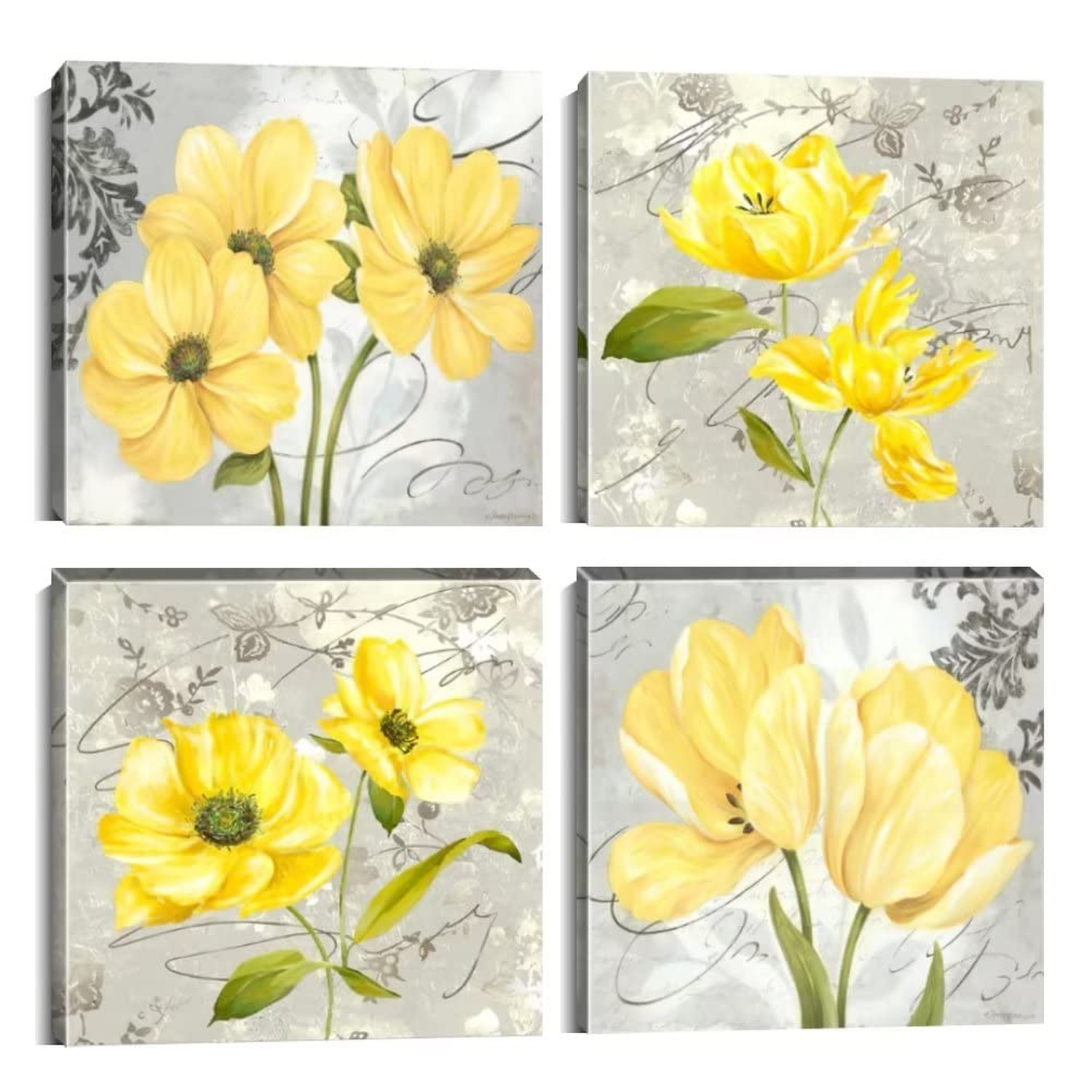 Yellow Wall Art Bedroom 4 Piece Grey Flower Pictures Kitchen Gray Floral Canv…