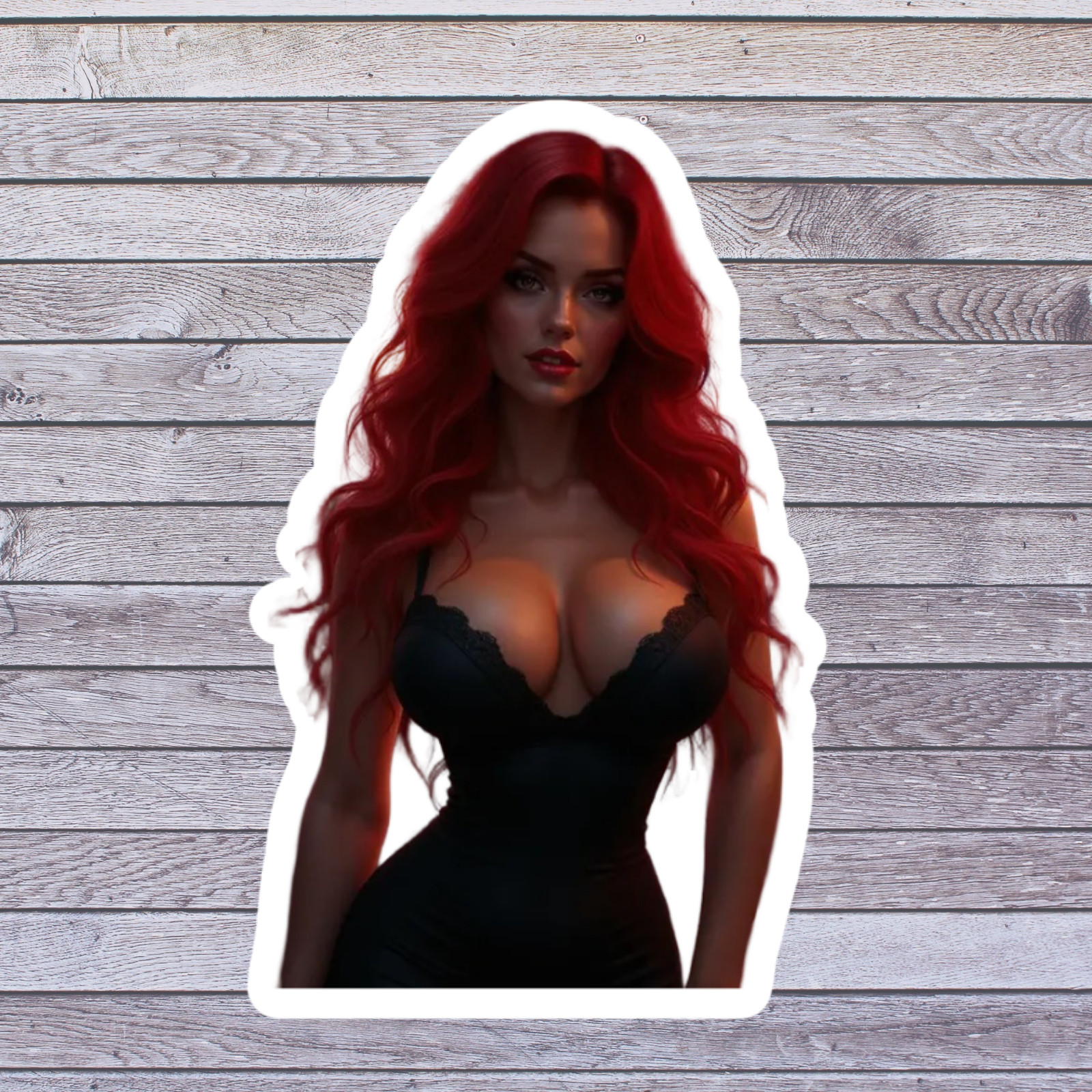 Pinup girl sticker vinyl decal redhead hourglass figure cleavage dress club